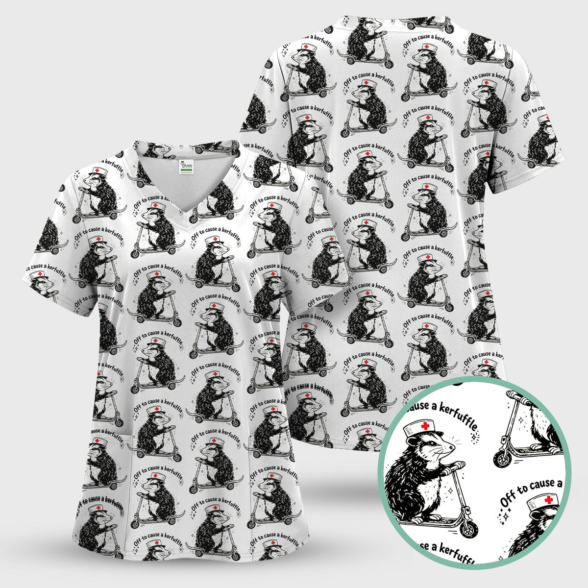 Funny Opossum Nurse Riding Scooter Pattern Scrubs Set, Breathable Med Uniform