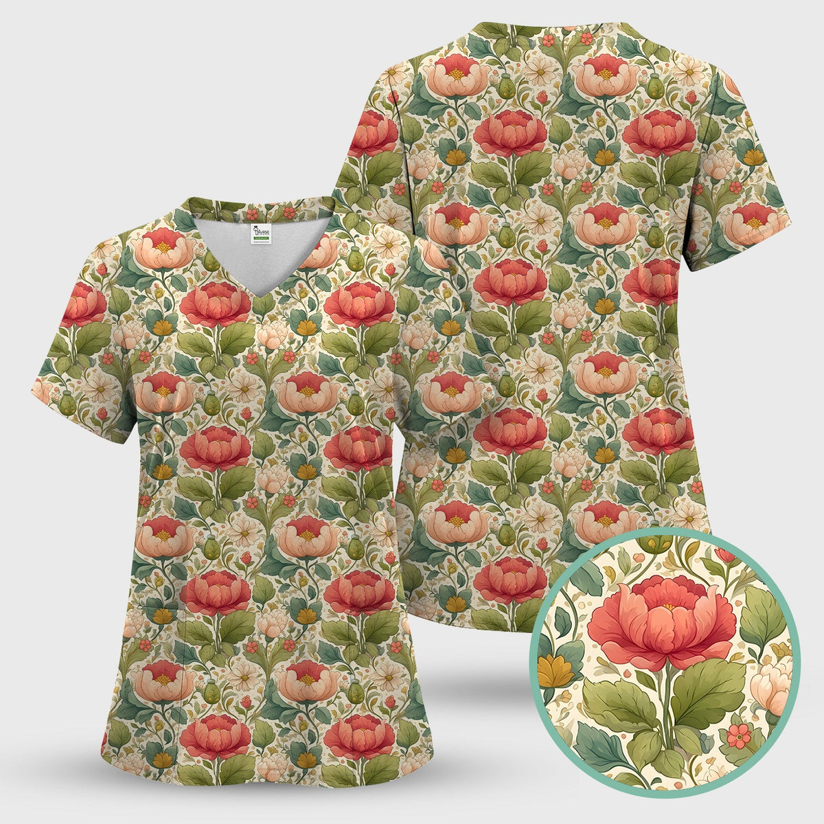 Vintage Botanical Peony Floral Nurse Scrub Top