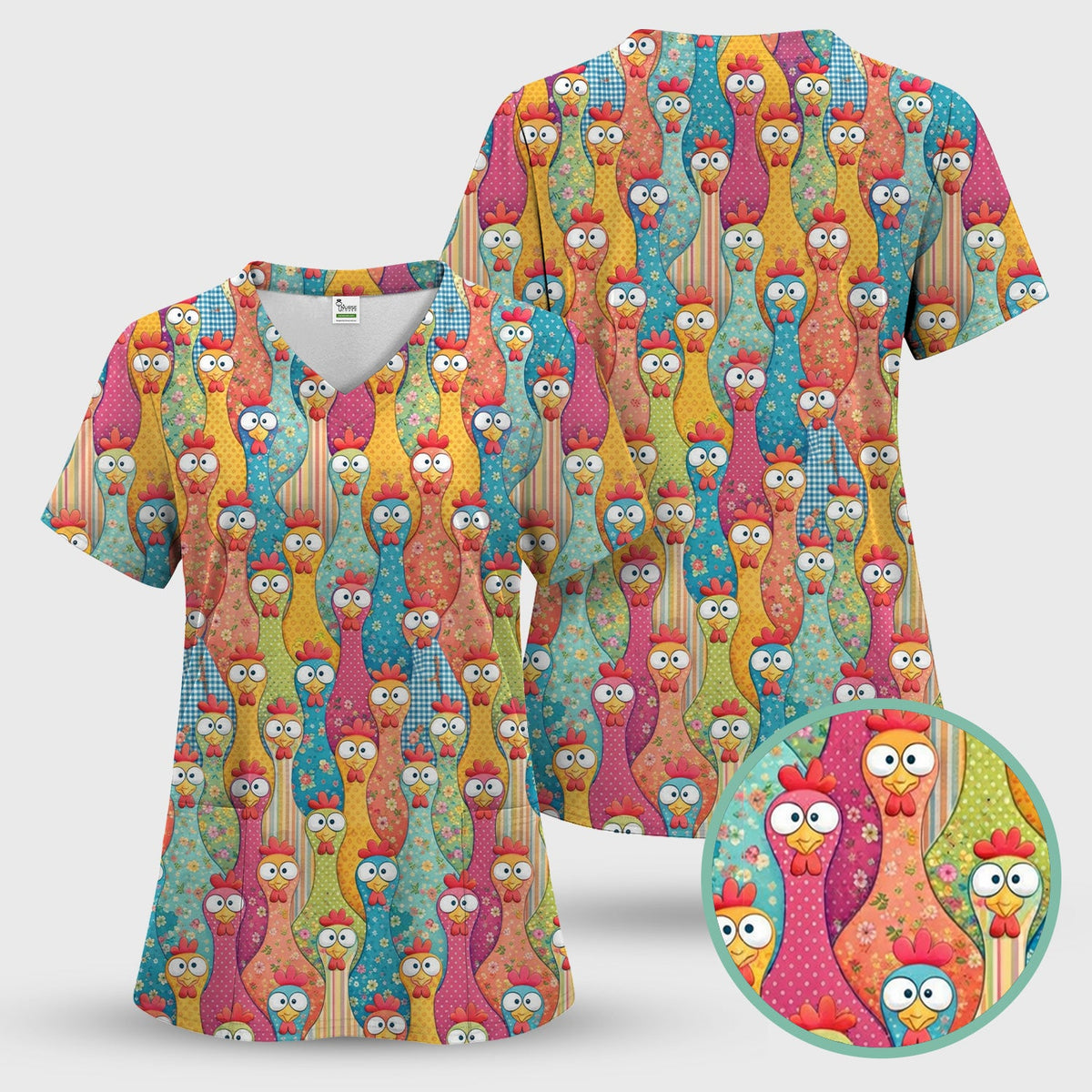 Funny Colorful Chicken Farm Cartoon Pattern Scrub Set, Scrub Pants and V Neck Top
