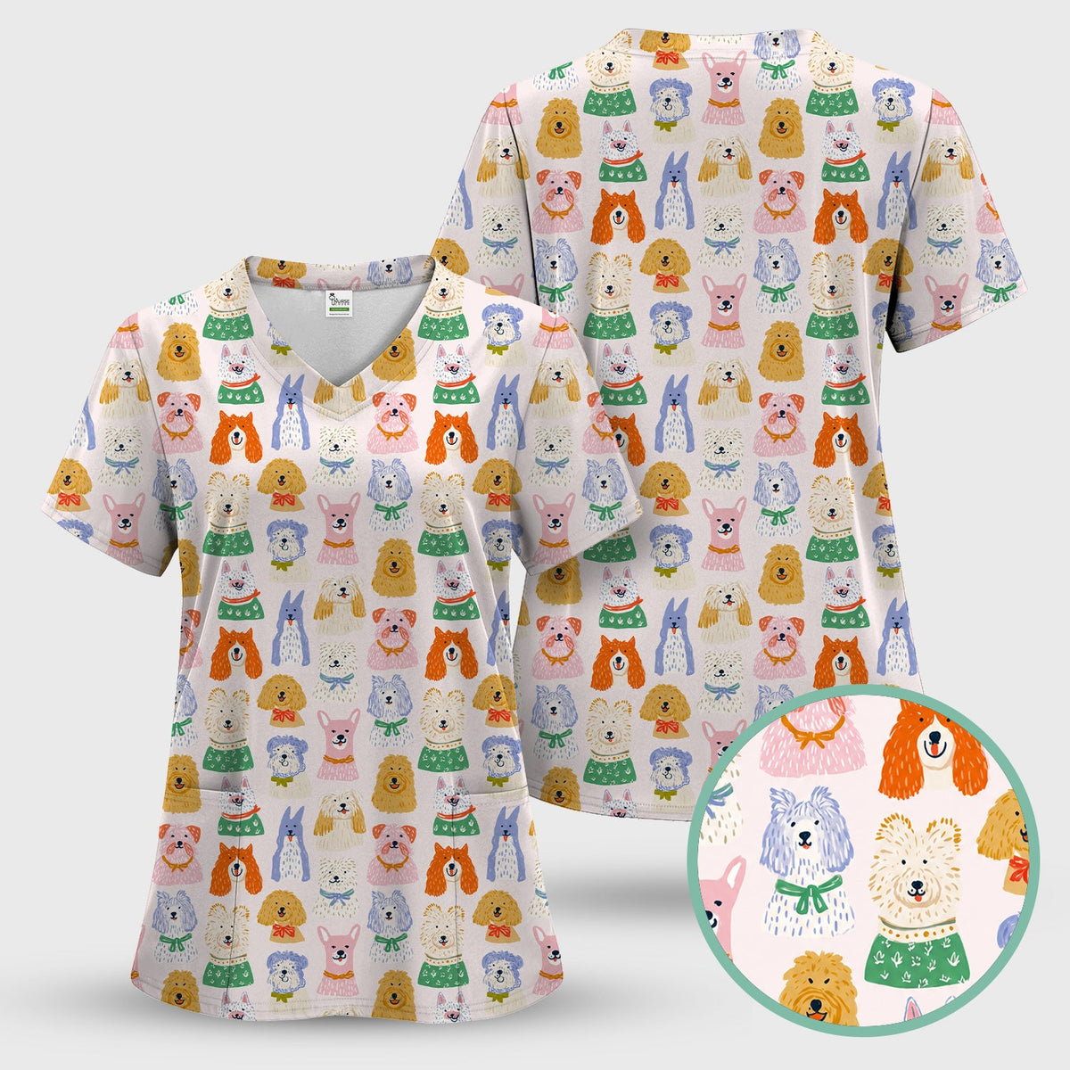 Colorful Dog Faces Cartoon Nurse Scrub Top