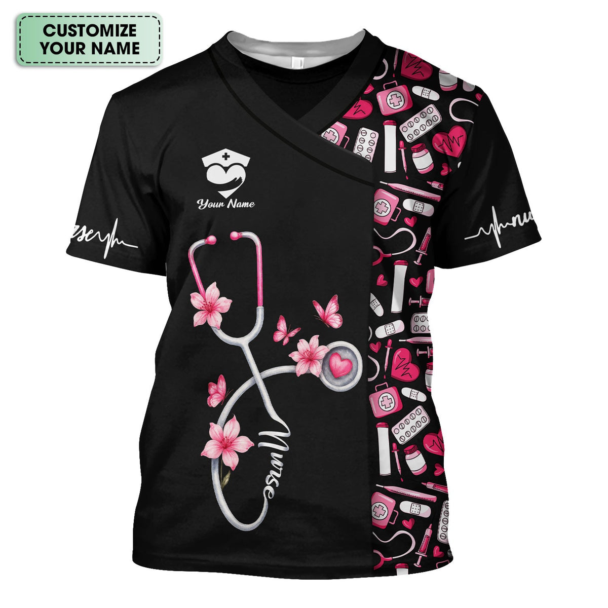 Custom Cute Floral Nurse Scrub Top for Women - Medical Uniform with Stethoscope Design - Comfortable Workwear for RN, CNA, LPN, Medical Staff