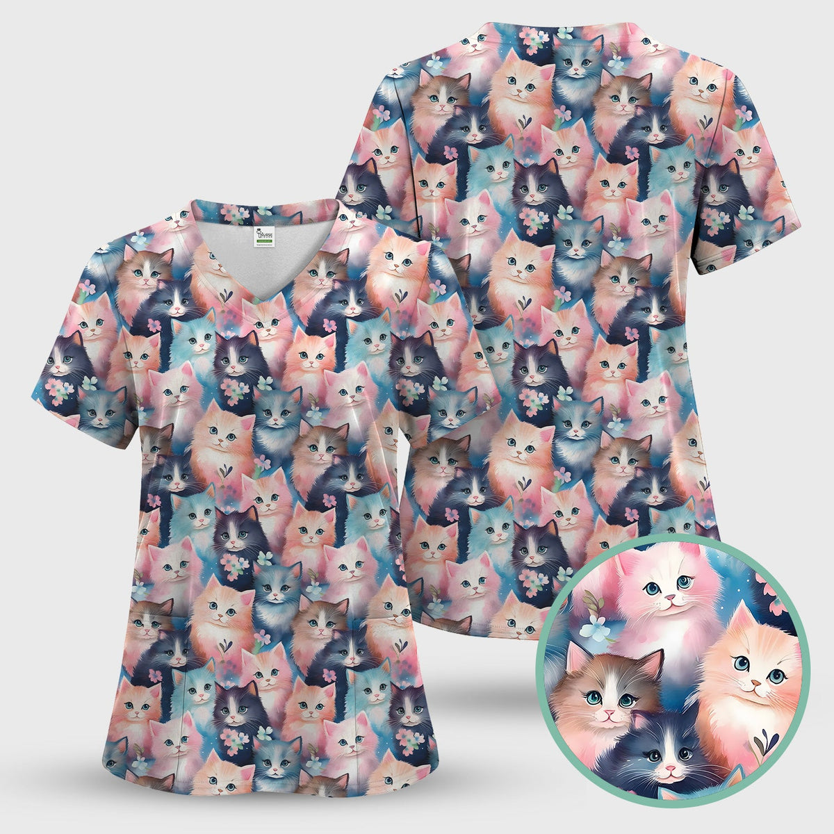 Pastel Kitten Aesthetic Nurse Scrub Top