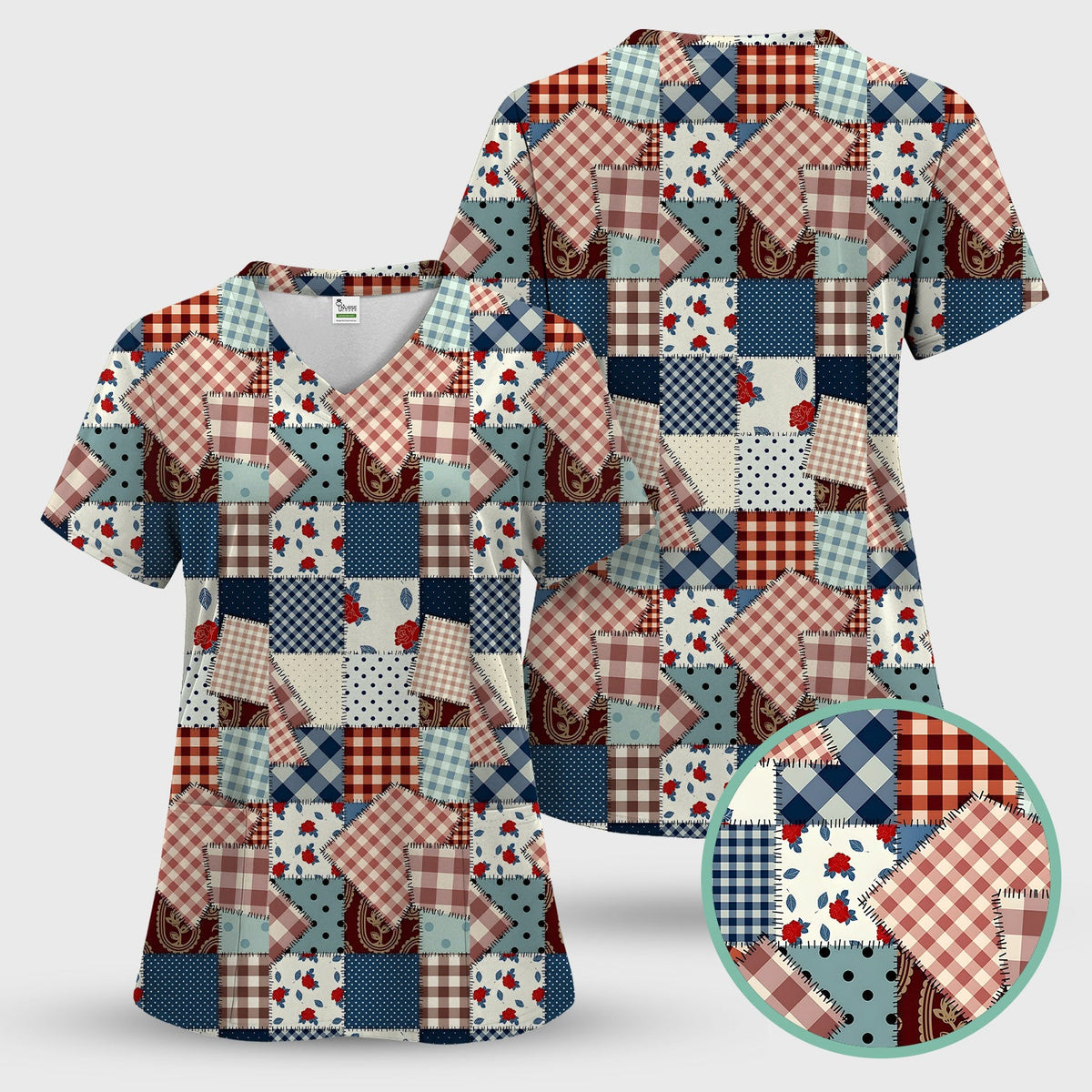 Retro Patchwork Plaid Quilt Nurse Scrub Top