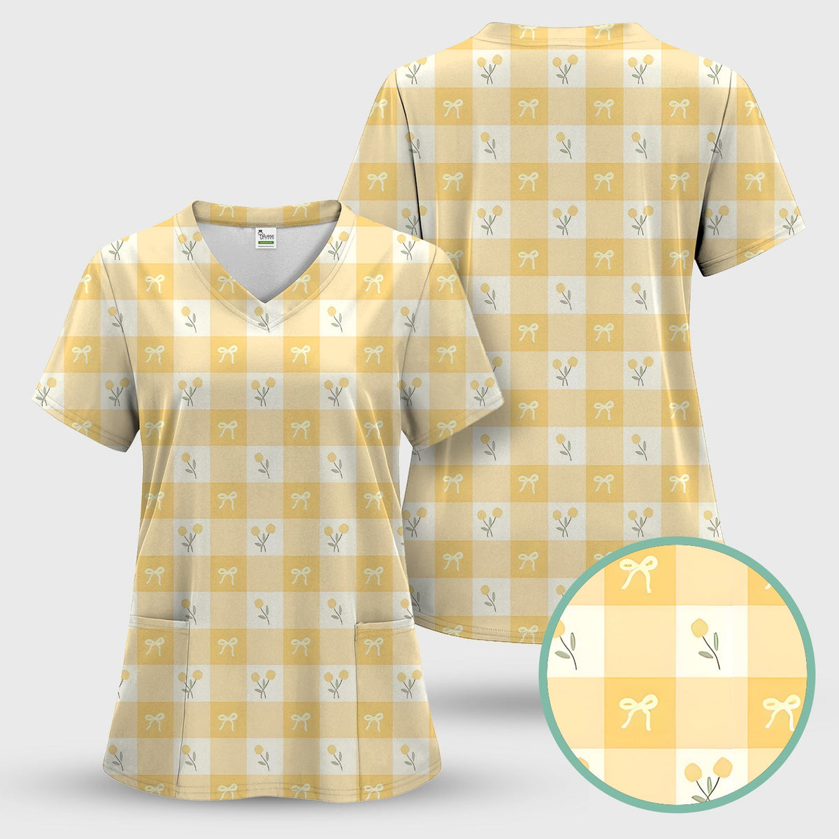Yellow Gingham Bow Floral Nurse Scrub Set