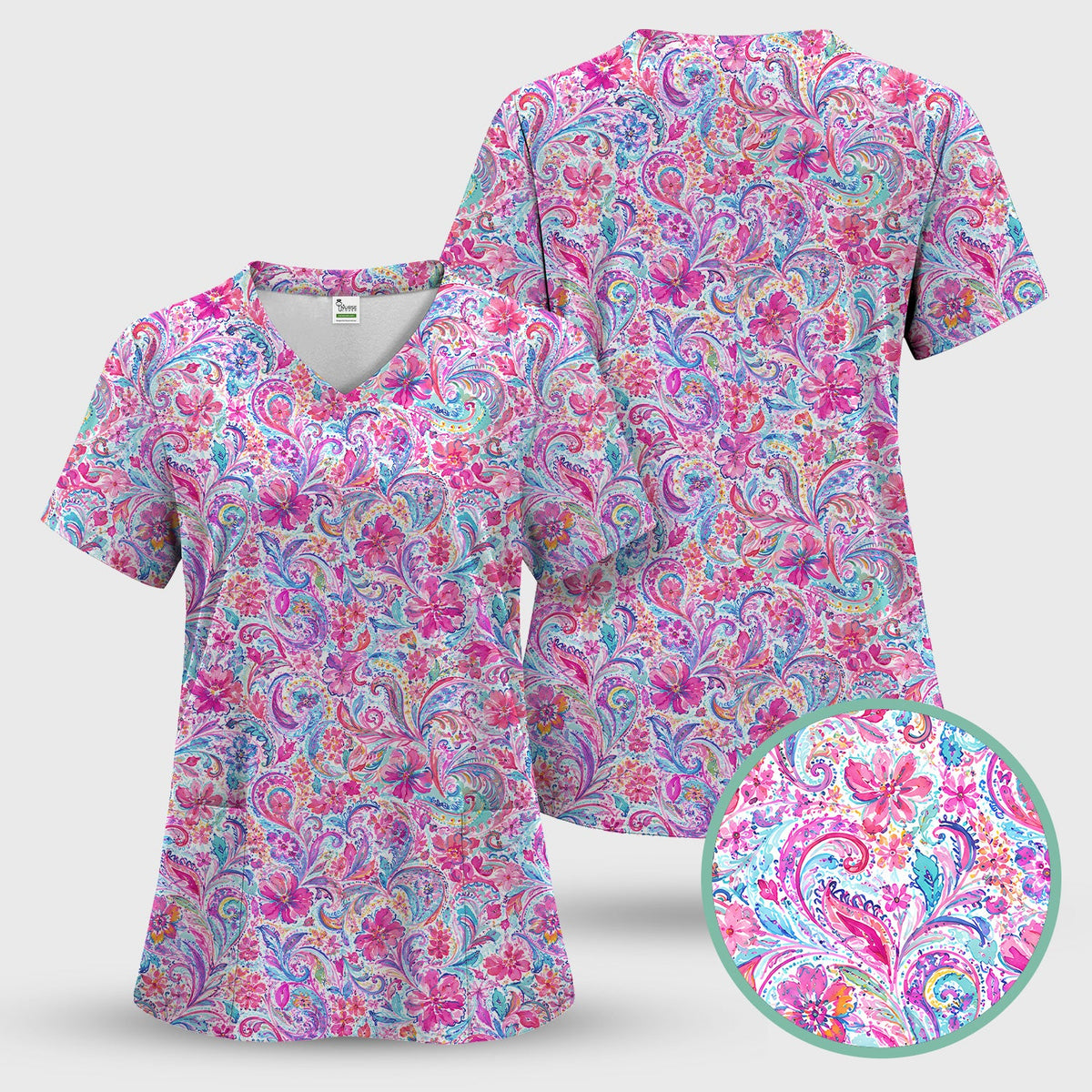 Elegant Pink Paisley Blossom Nurse Scrub Top
