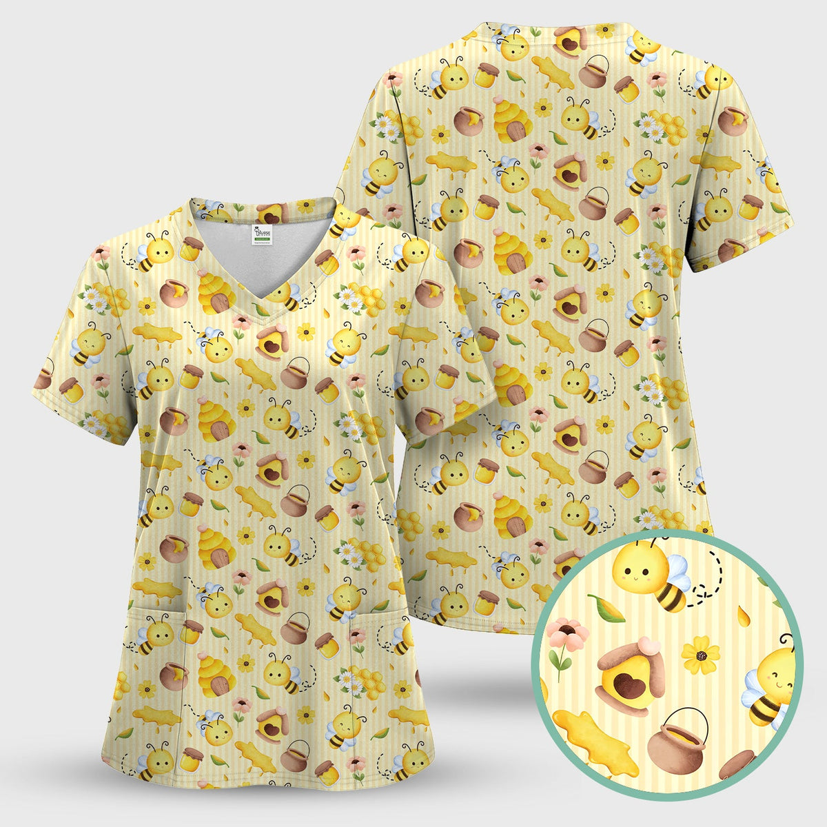 Cute Bee Honey Flower Stripe Nurse Scrub Set