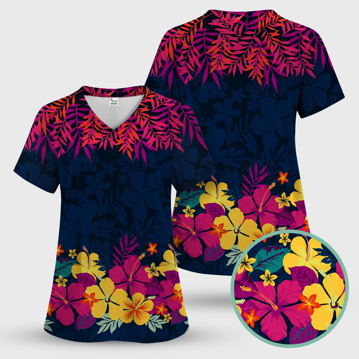 Tropical Hibiscus Palm Leaf Nurse Scrub Set