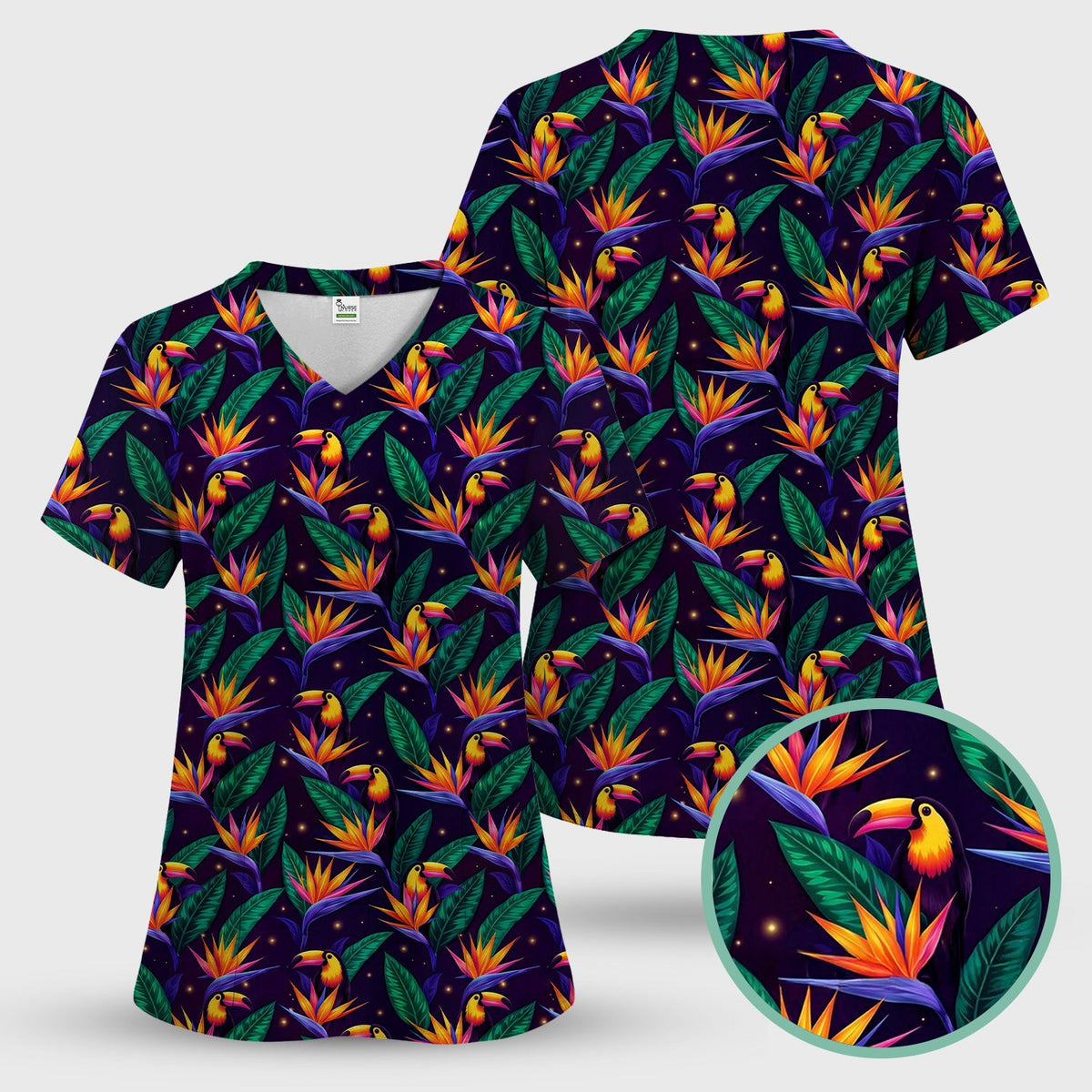 Tropical Toucan Paradise Leaves Nurse Scrub Top
