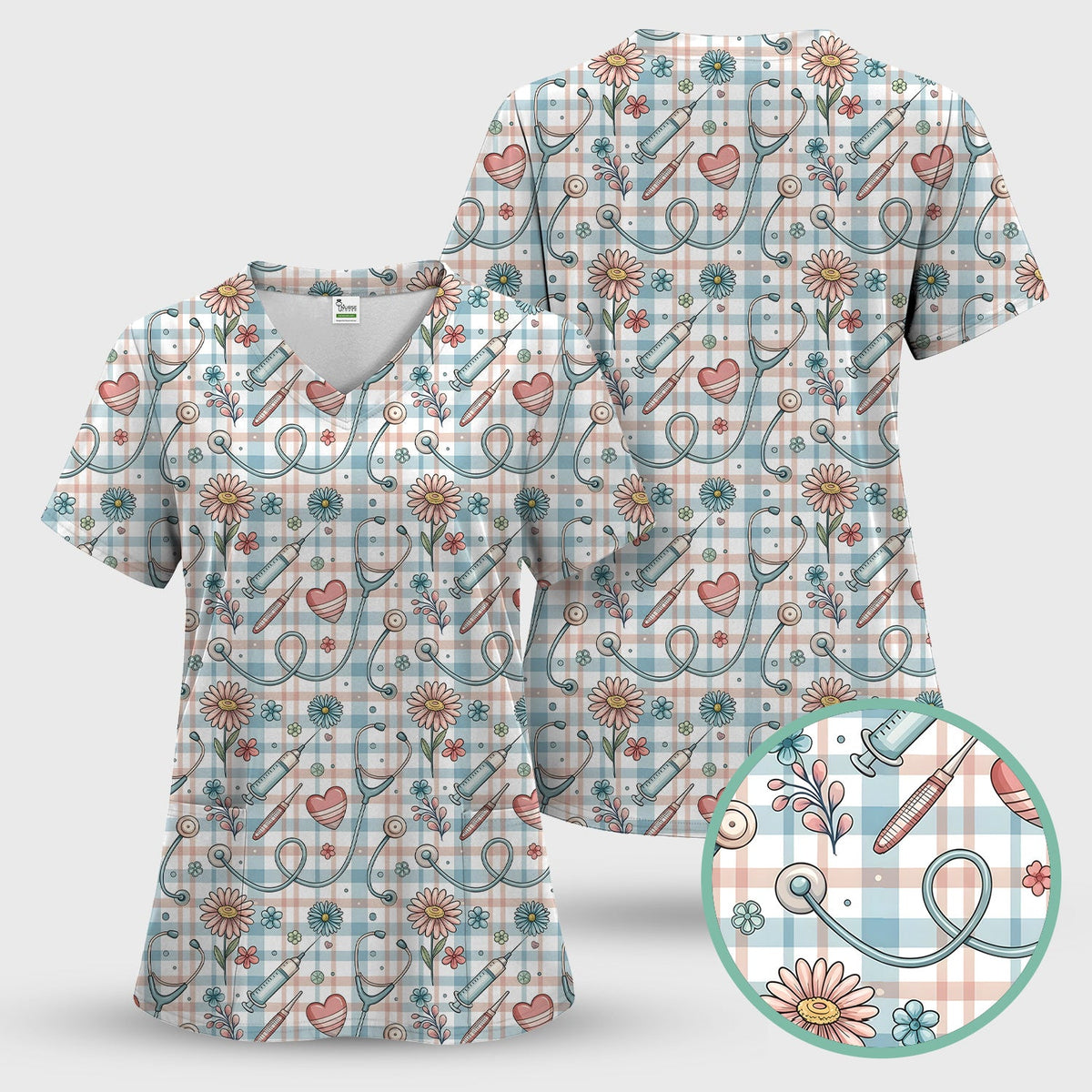 Stethoscope Heart Syringe Floral Plaid Nurse Scrub Set