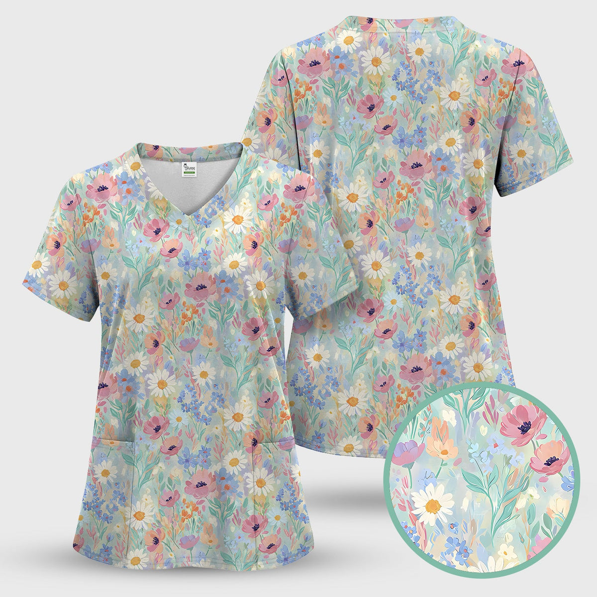 Pastel Wildflower Meadow Floral Nurse Scrub Top