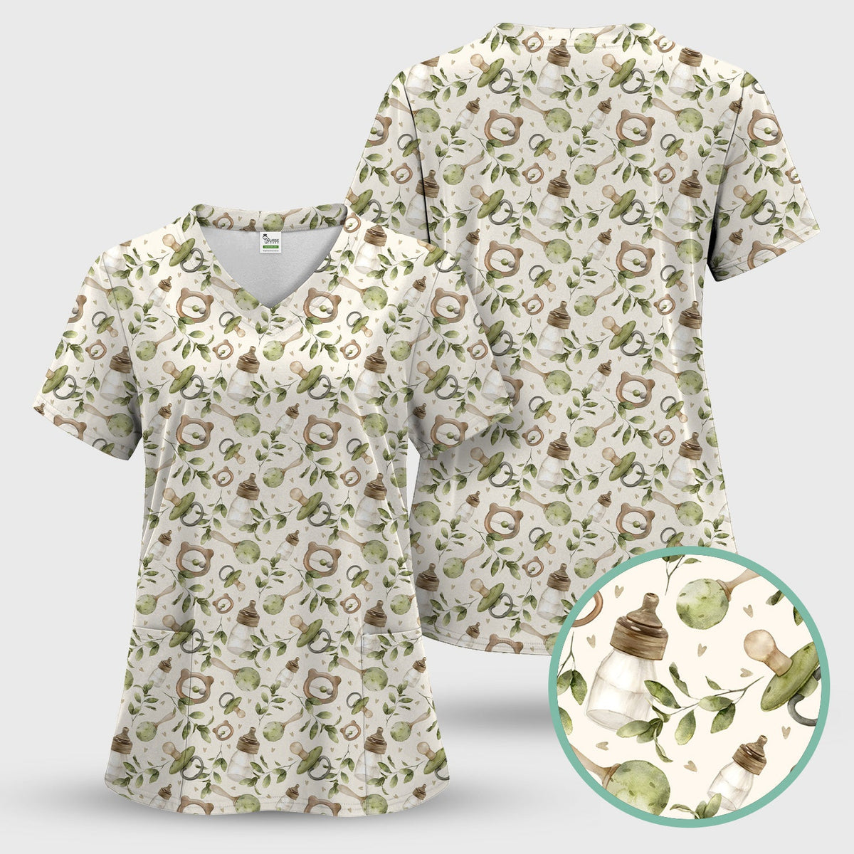 Cute Baby Bottle Greenery Nurse Scrub Set