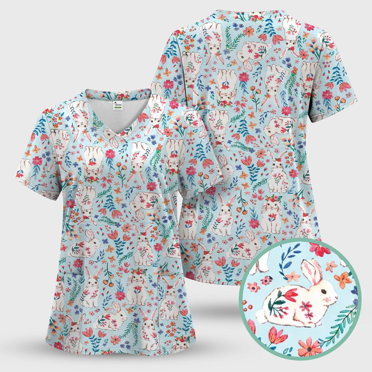 Springtime Bunny Floral Nurse Scrub Set