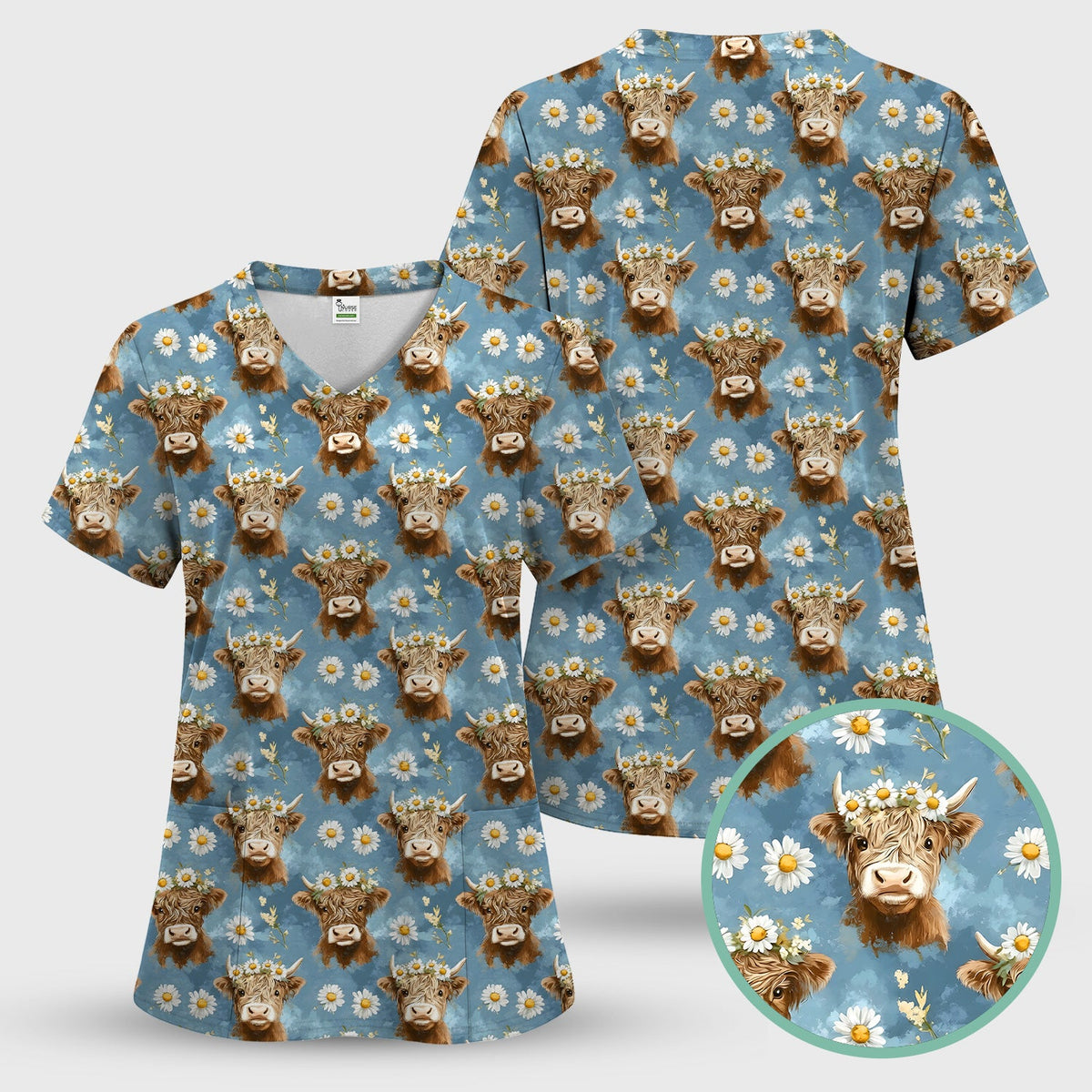 Highland Cow Daisy Flower Nurse Scrub Top