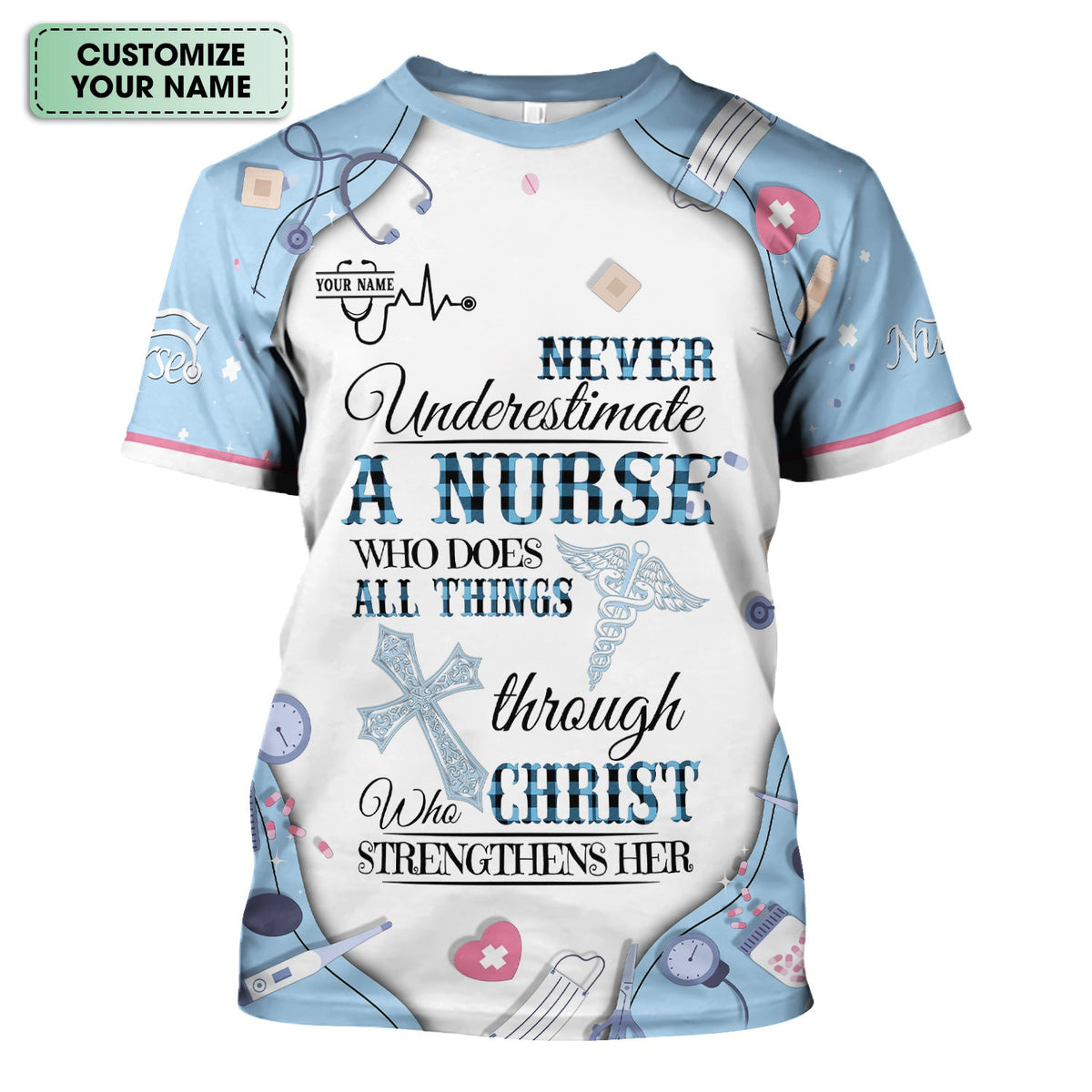 Personalized Nursing Faith Scrub for Women - Bible Verse All Things Through Christ - Religious Gift for Healthcare Professionals RN LPN CNA
