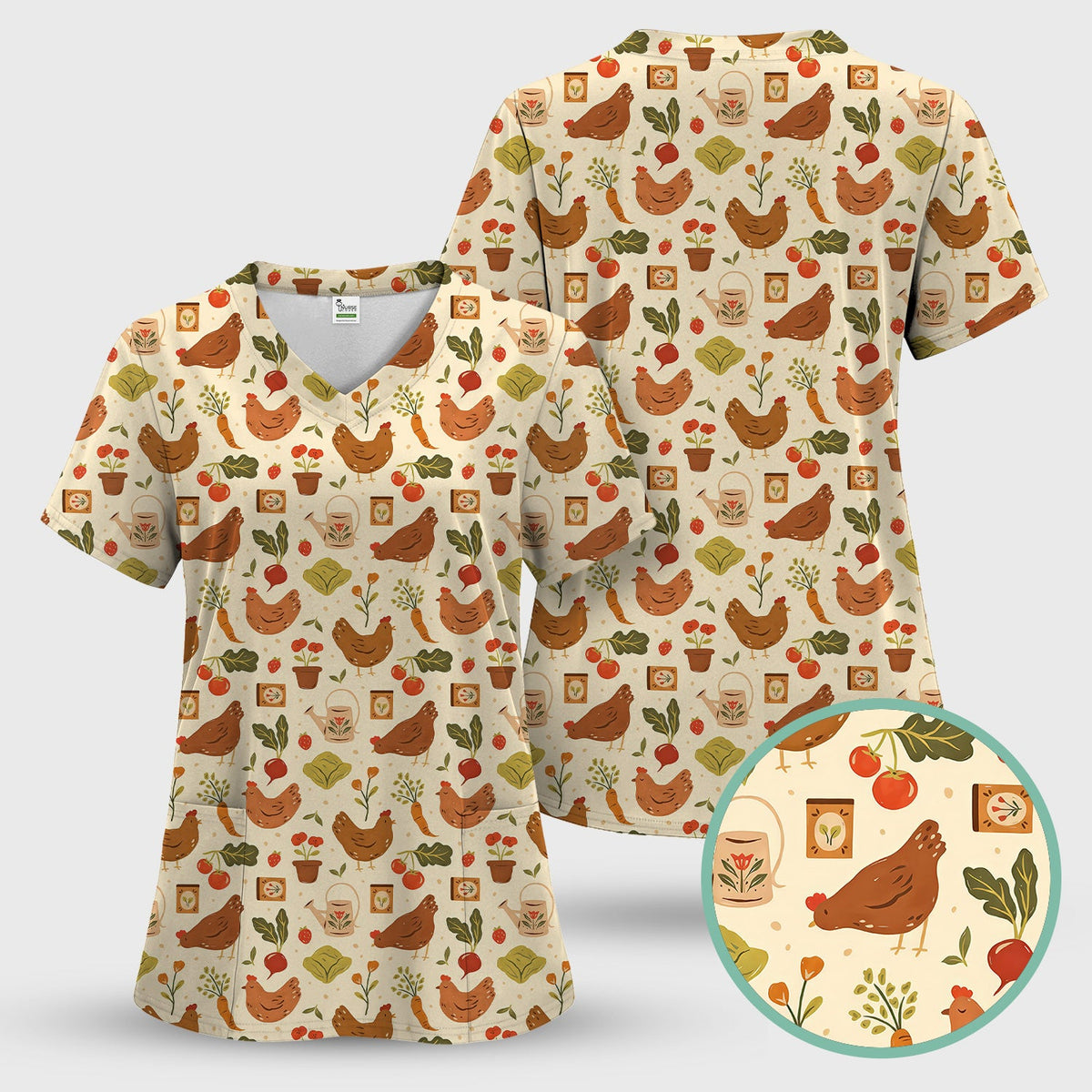 Rustic Farm Chicken Vegetable Nurse Scrub Top
