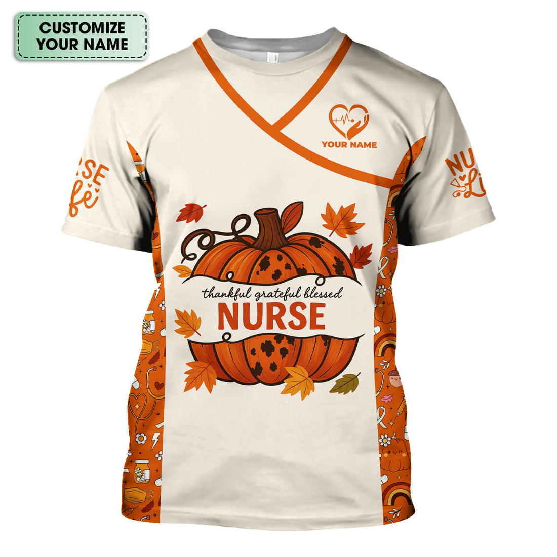 Personalized Thankful Grateful Blessed Pumpkin Nurse Scrub Top