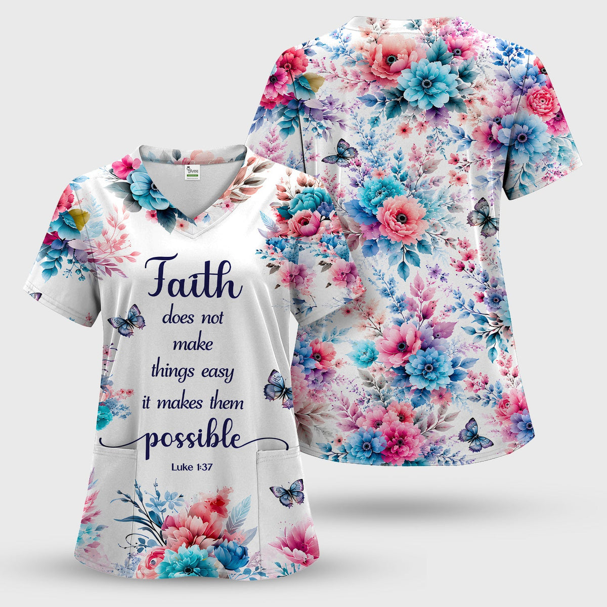 Faith Floral Butterfly Nurse Scrub Top