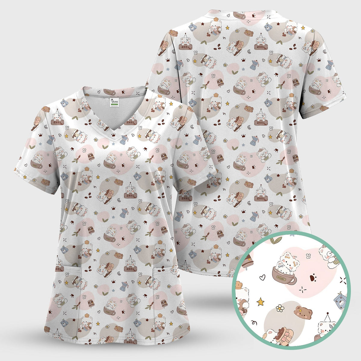 Cat With Coffee Paw Heart Nurse Scrub Set