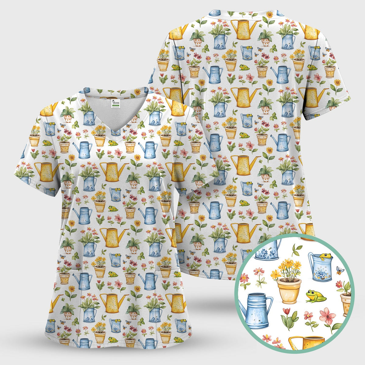 Watering Can Flower Pot Garden Nurse Scrub Top