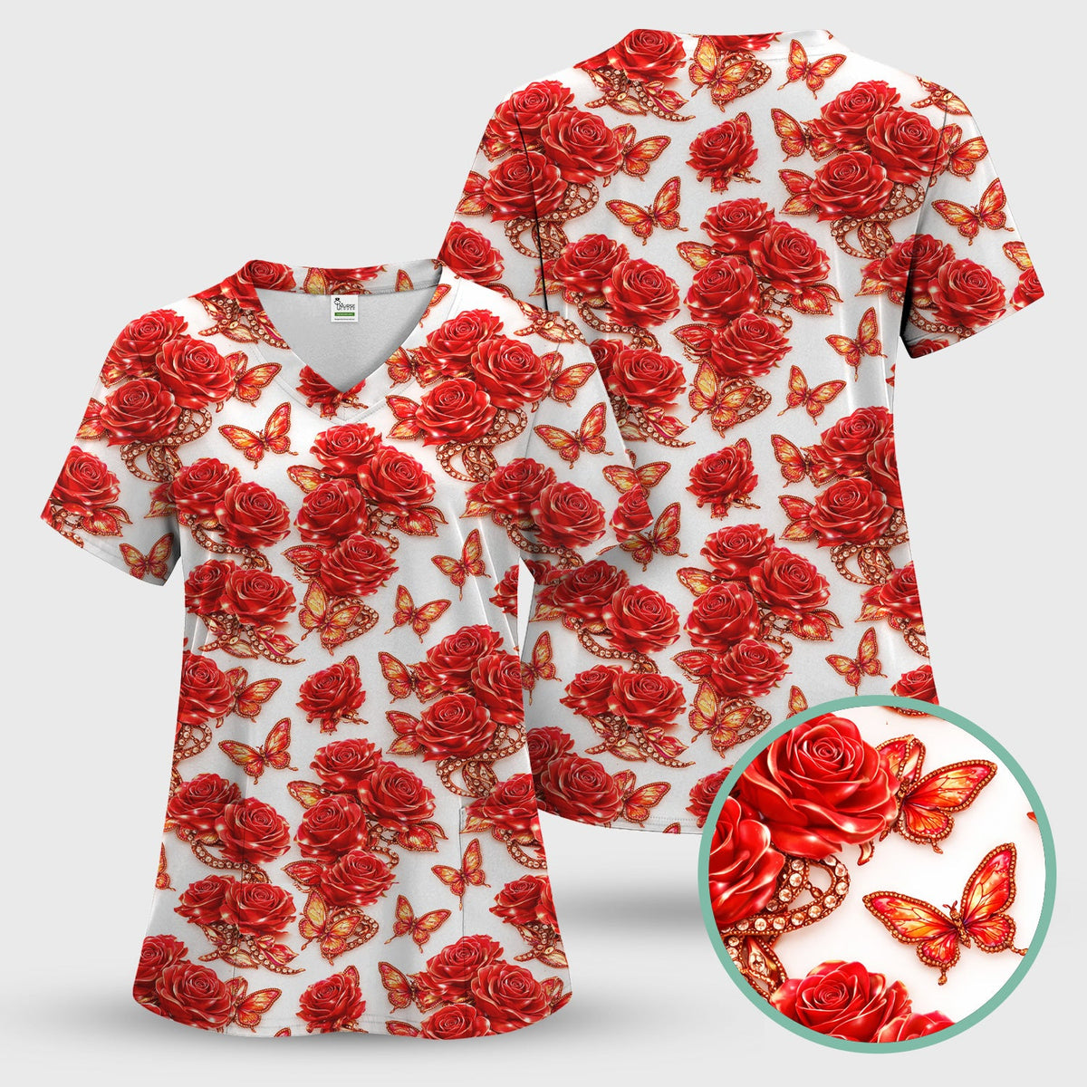 Red Rose And Butterfly Nurse Scrub Top