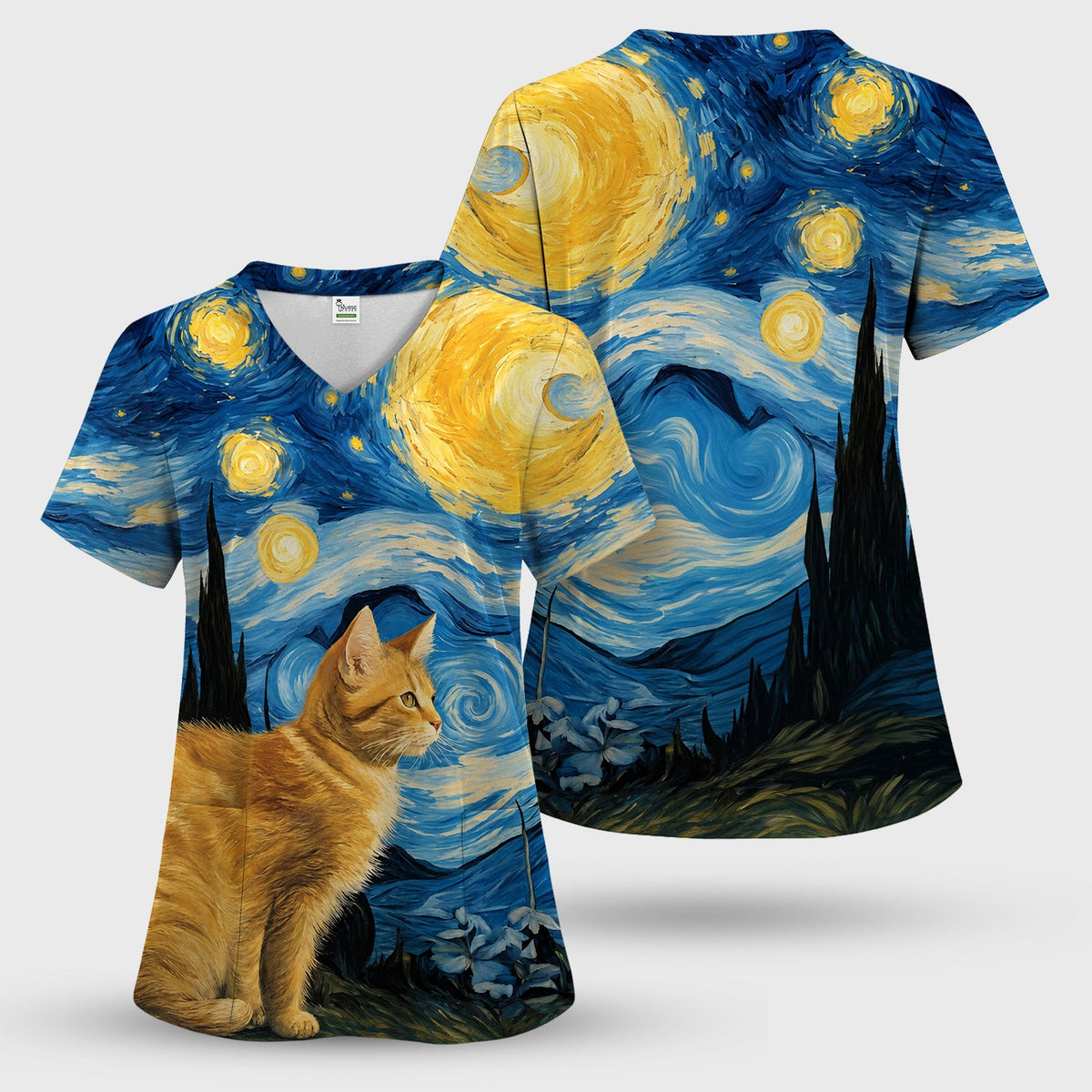 Swirling Moonlit Cat Scene Nurse Scrub Set