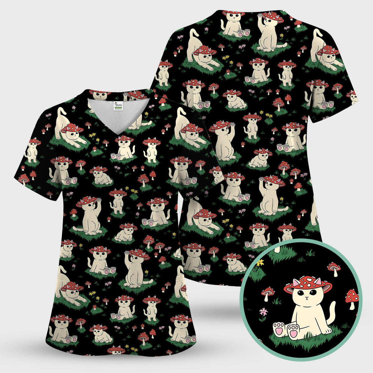 Mushroom Cat Nurse Scrub Top