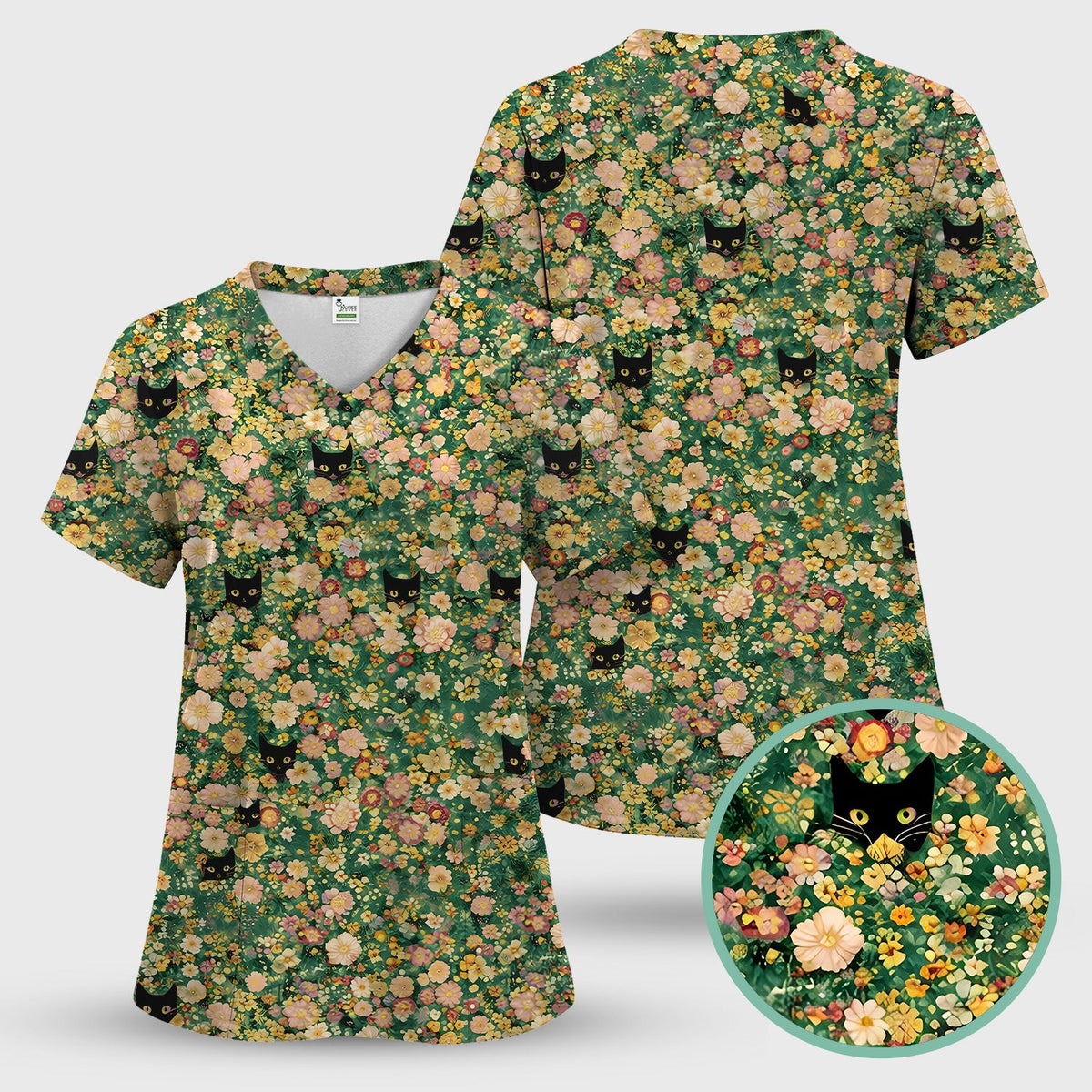 Cute Black Cat Floral Garden Nurse Scrub Set