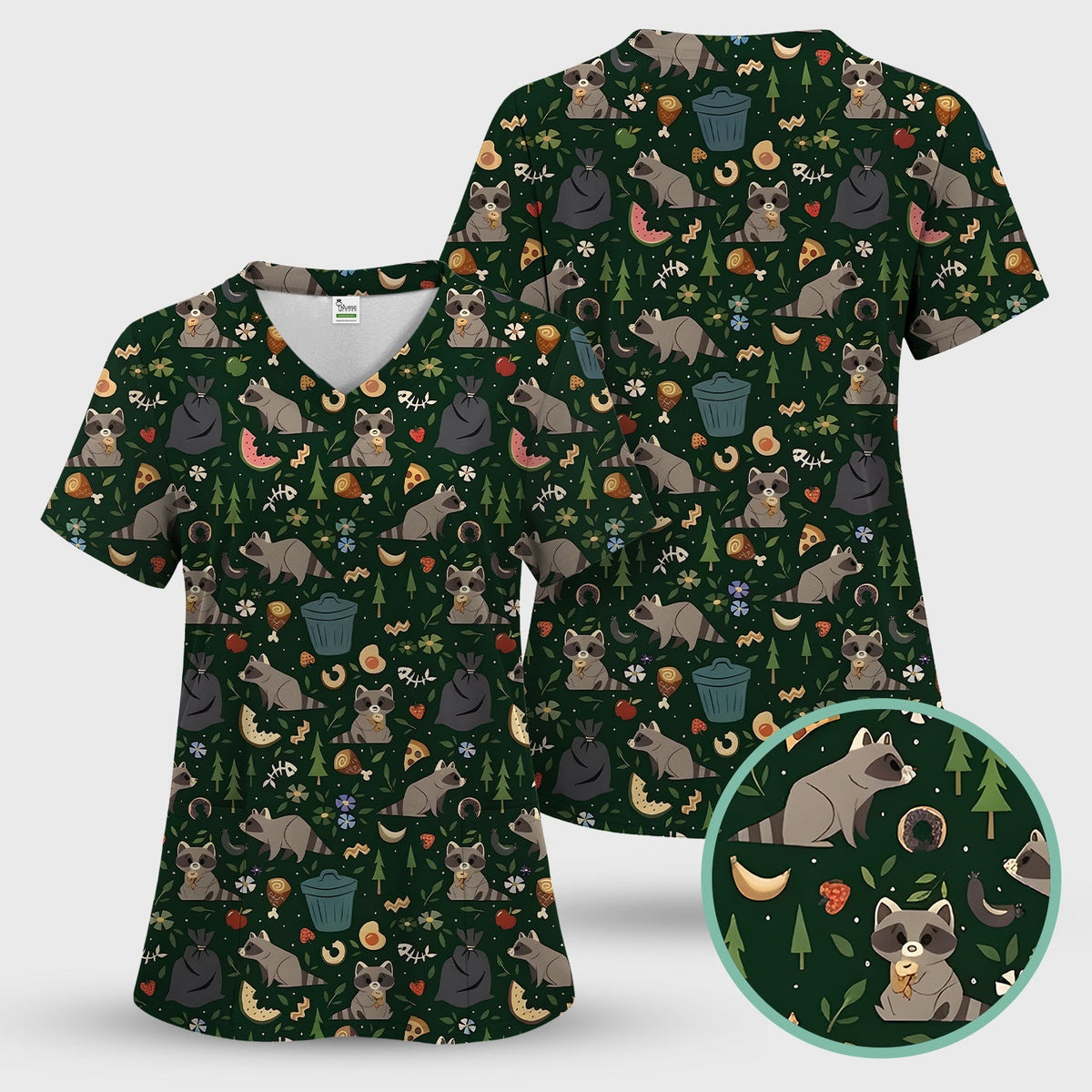 Raccoon Forest Food Nurse Scrub Top