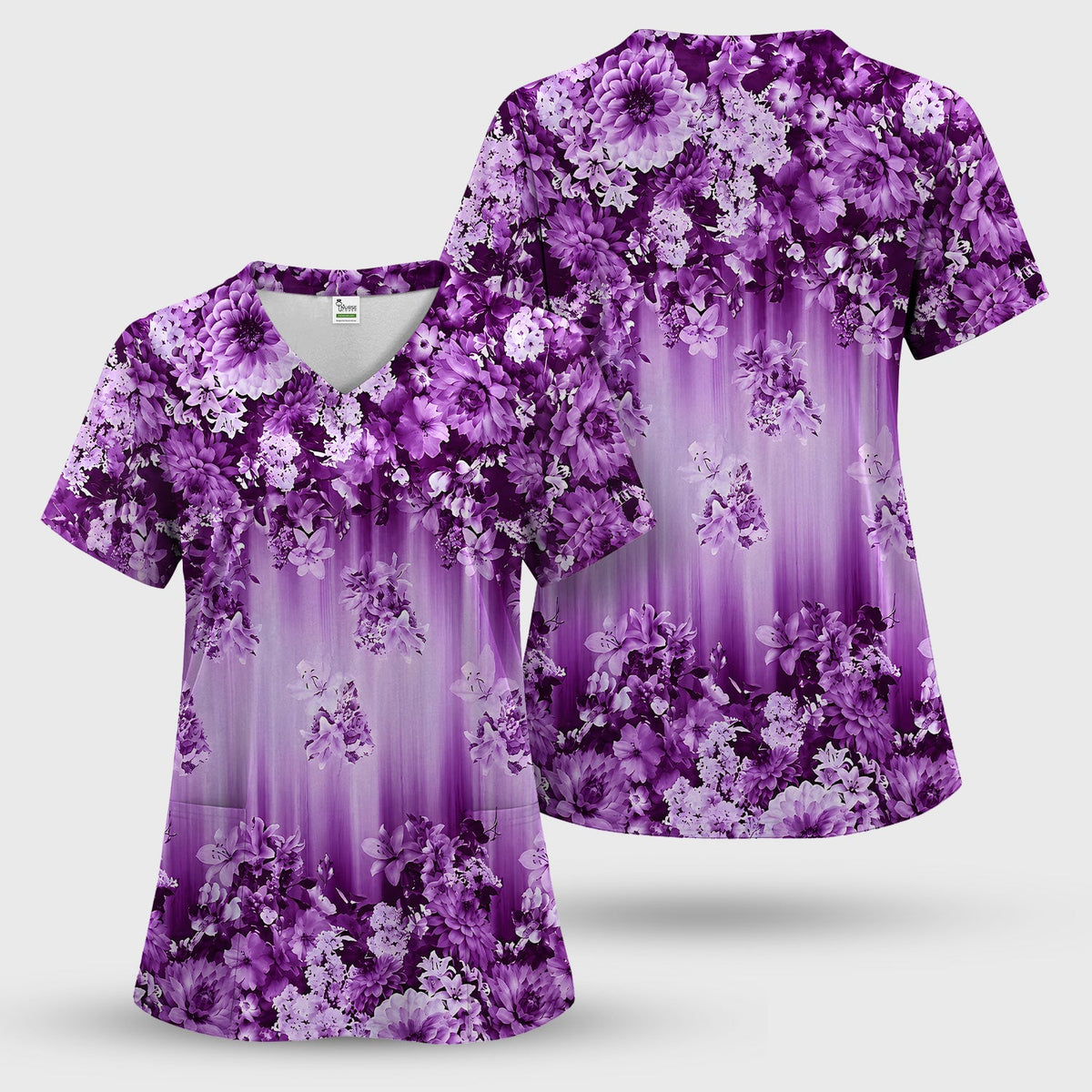 Purple Blossom Garden Pattern Scrub Set, Scrub Pants and V Neck Top