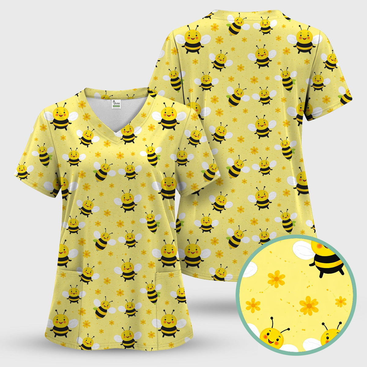 Cute Smiling Bee Yellow Floral Print Sets, Breathable Med Uniform