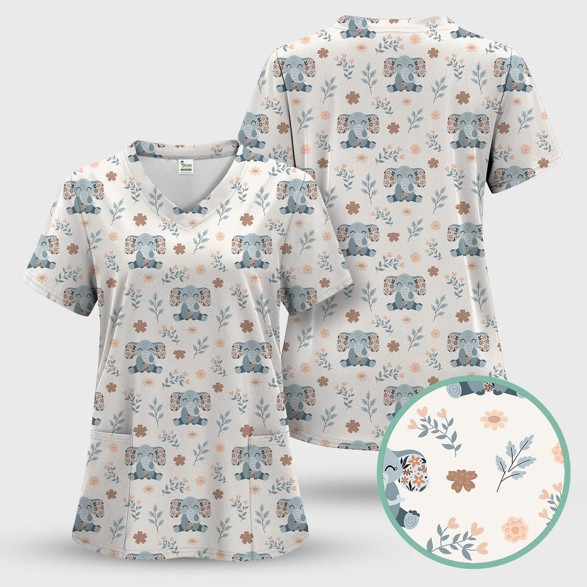 Cute Elephant Floral Print Scrub Set, Scrub Pants and V Neck Top