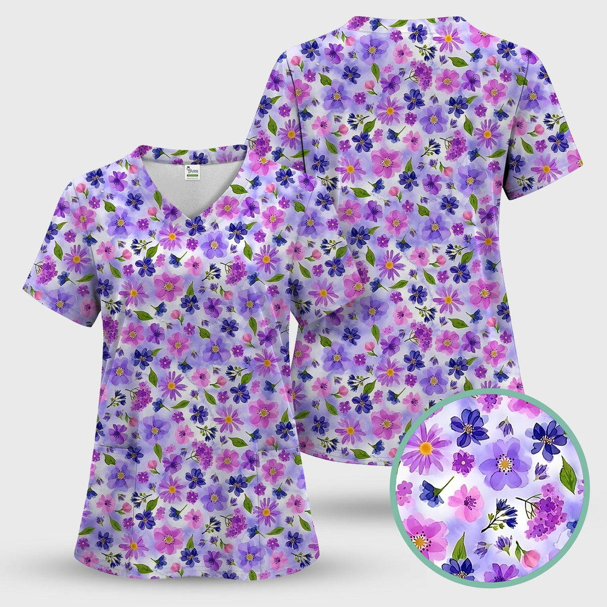 Purple Watercolor Wildflower Bloom Nurse Scrub Set
