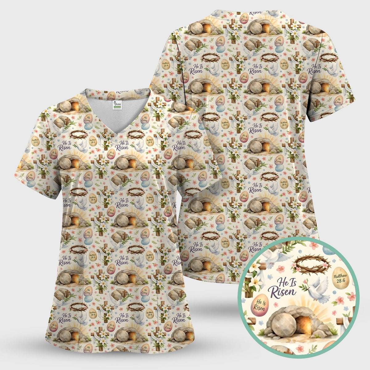 Risen Cross Tomb Lily Nurse Scrub Set - Easter Gift