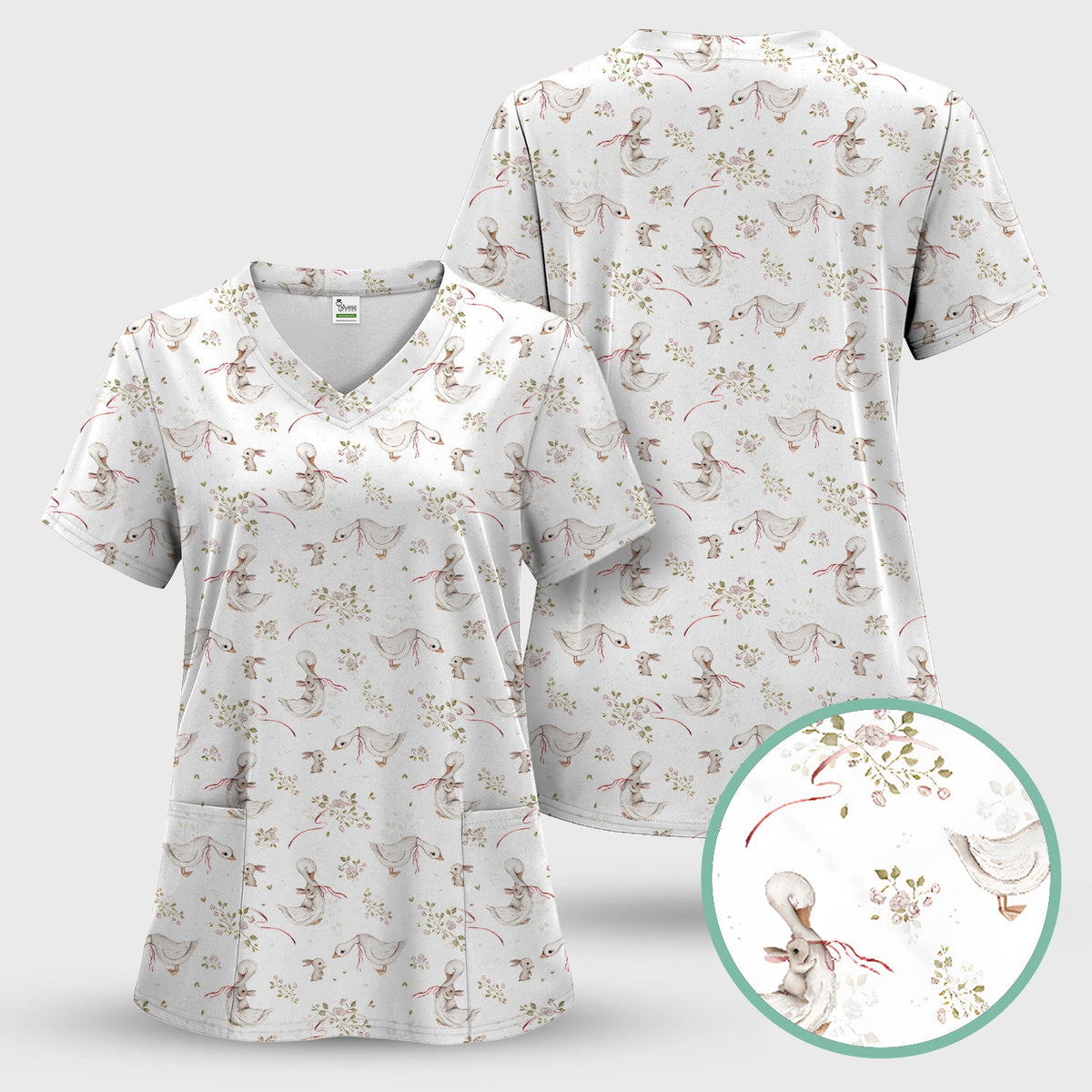Duck Bunny Floral Nurse Scrub Set - Easter Gift
