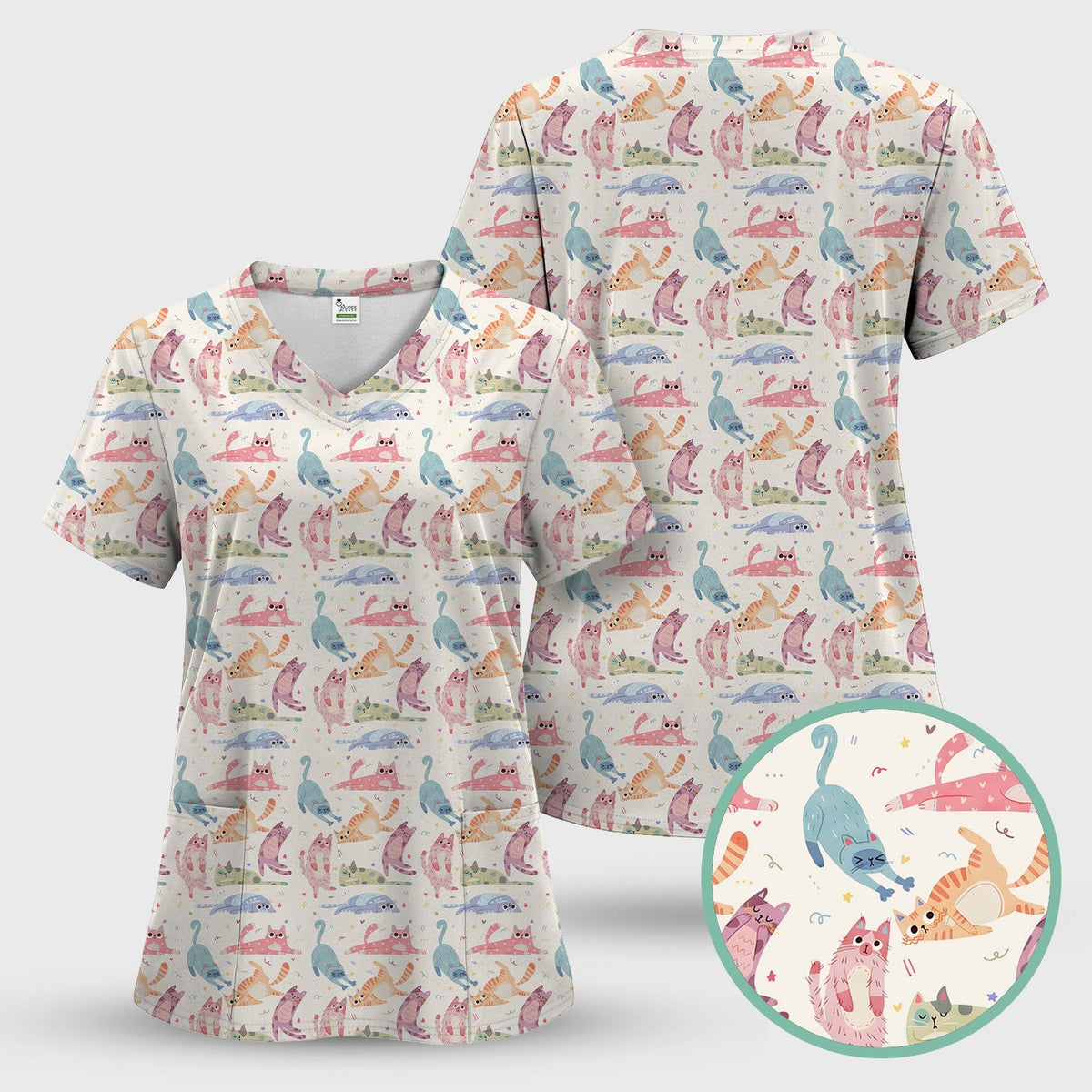 Funny Pastel Cat Pattern Medical Scrub Set, Breathable Fabrics Nursing Uniform