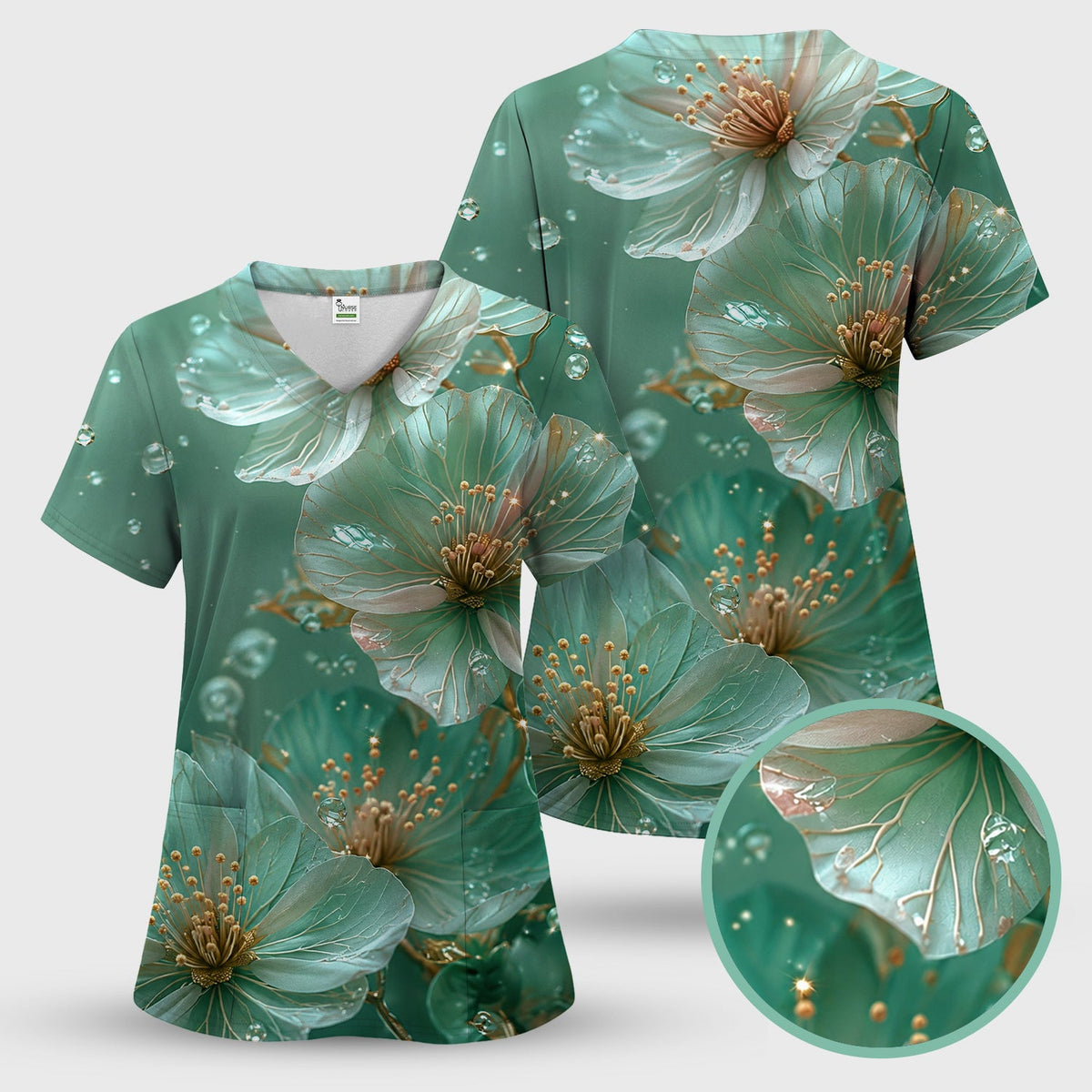 Elegant Mint Blossom Dewdrop Nurse Scrub Set
