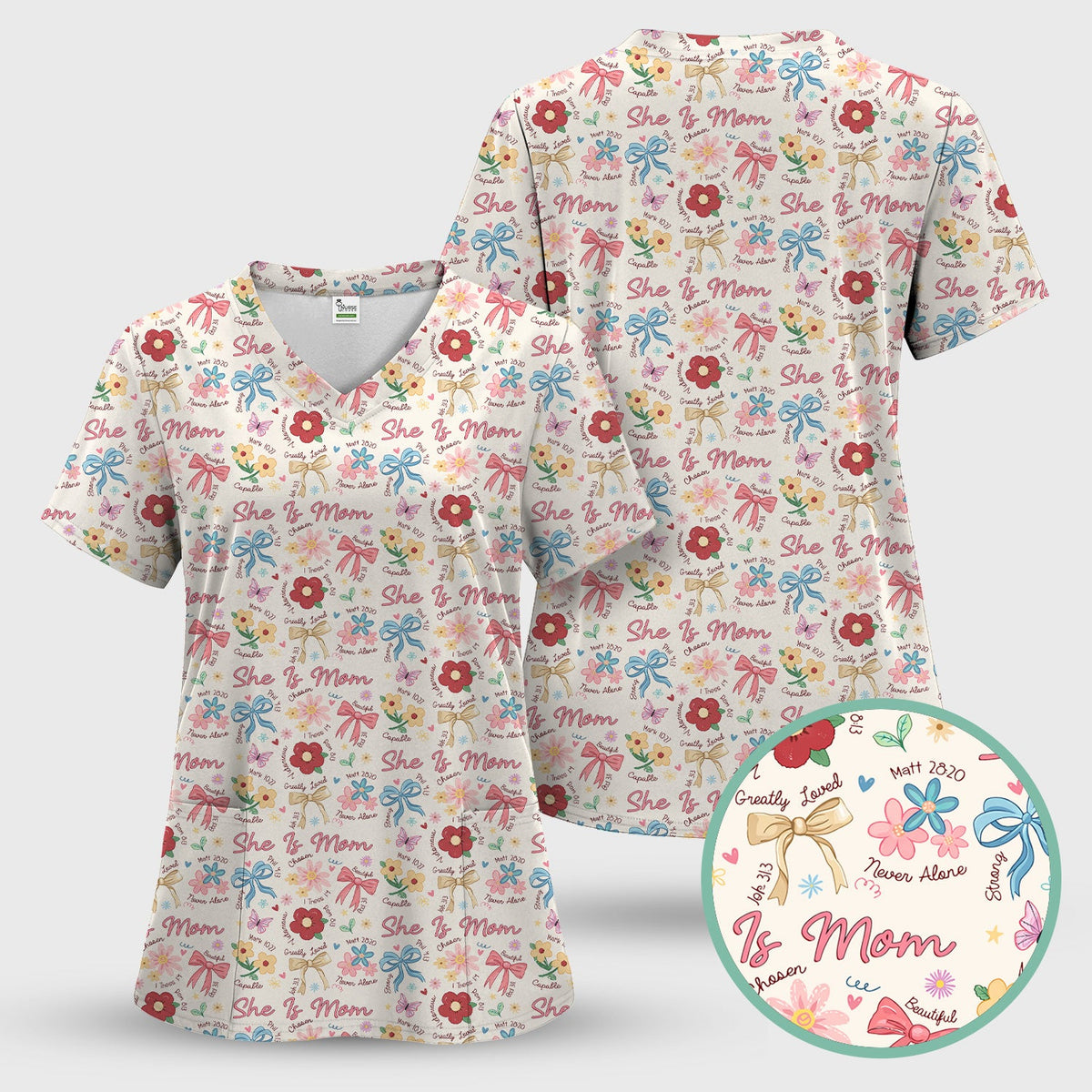 She Is Mom Floral Bow Nurse Scrub Top