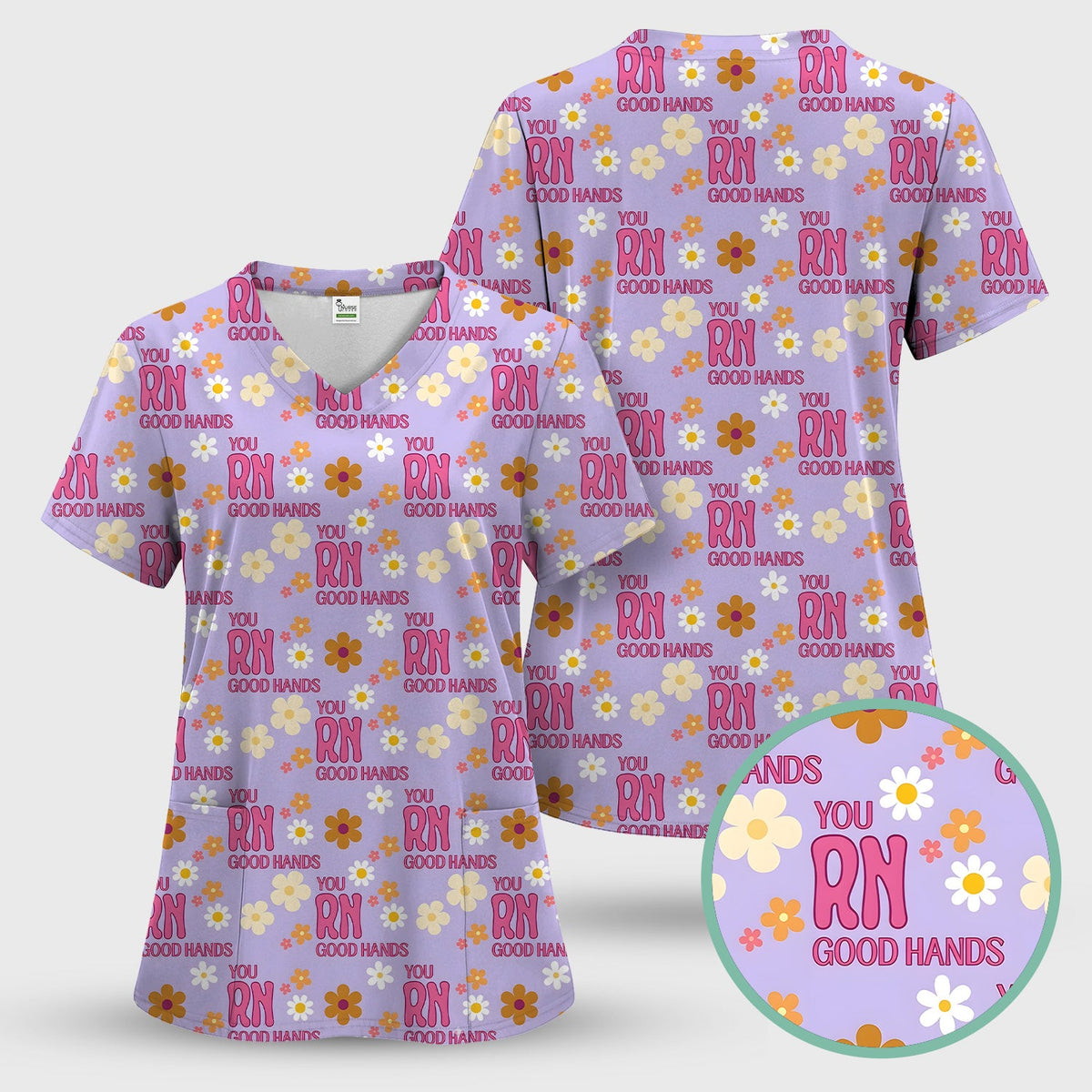 You RN Good Hands Floral Daisy Nurse Scrub Top