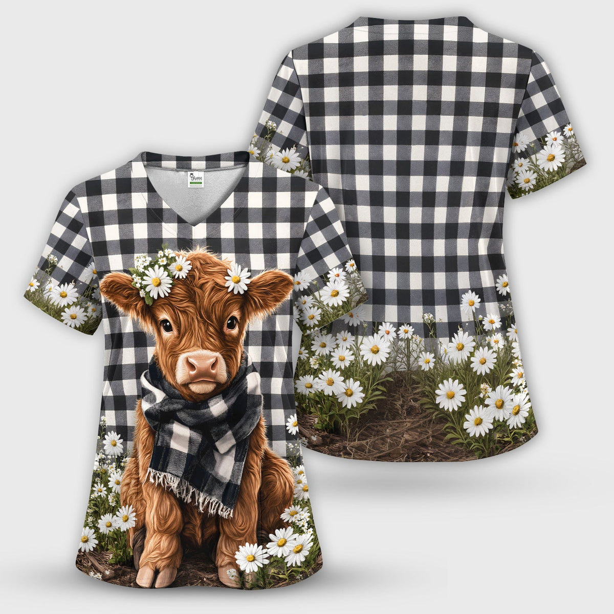 Highland Cow Daisy Pattern Scrub Set, Scrub Pants and V Neck Top