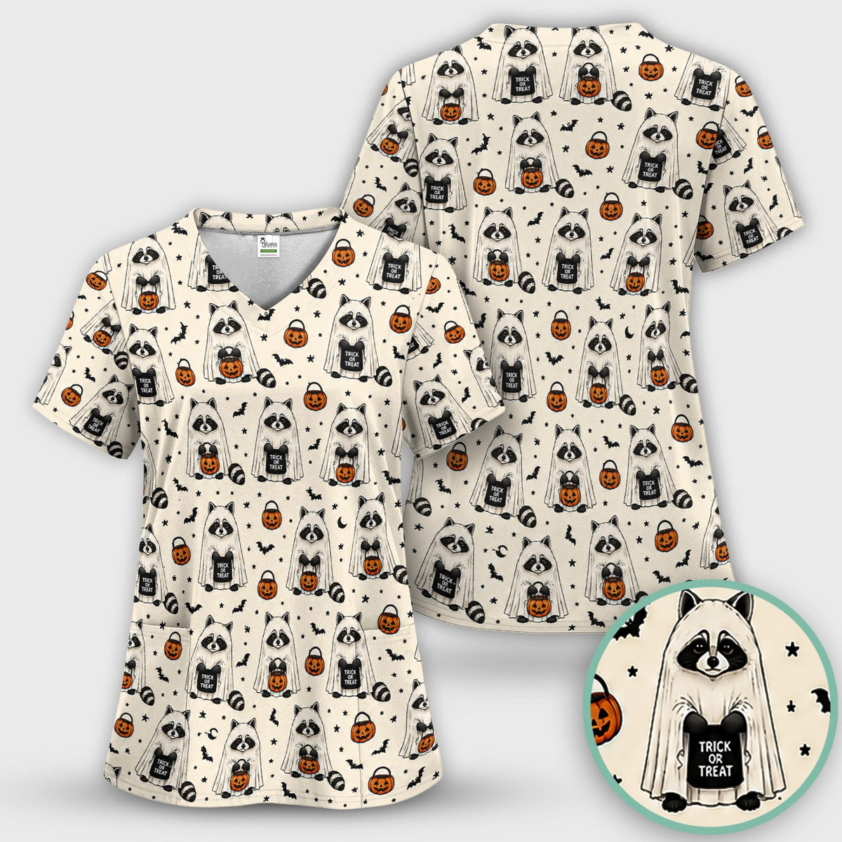 Halloween Ghost Raccoon Nurse Scrub Top