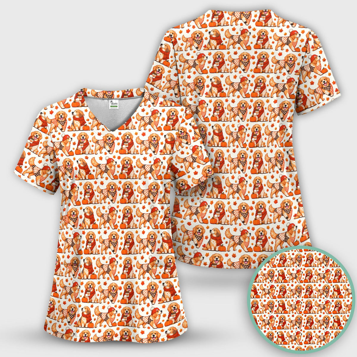 Fall Golden Retriever Pumpkin Nurse Scrub Top