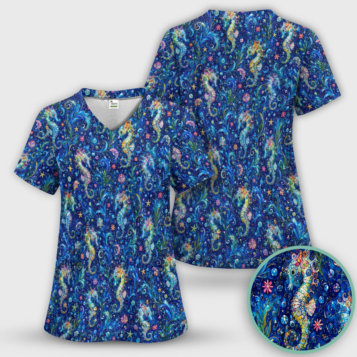 Vibrant Seahorse Ocean Swirl Nurse Scrub Set