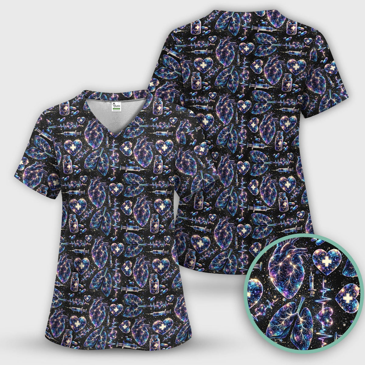 Galaxy Anatomical Heart Lung Syringe Nurse Scrub Set