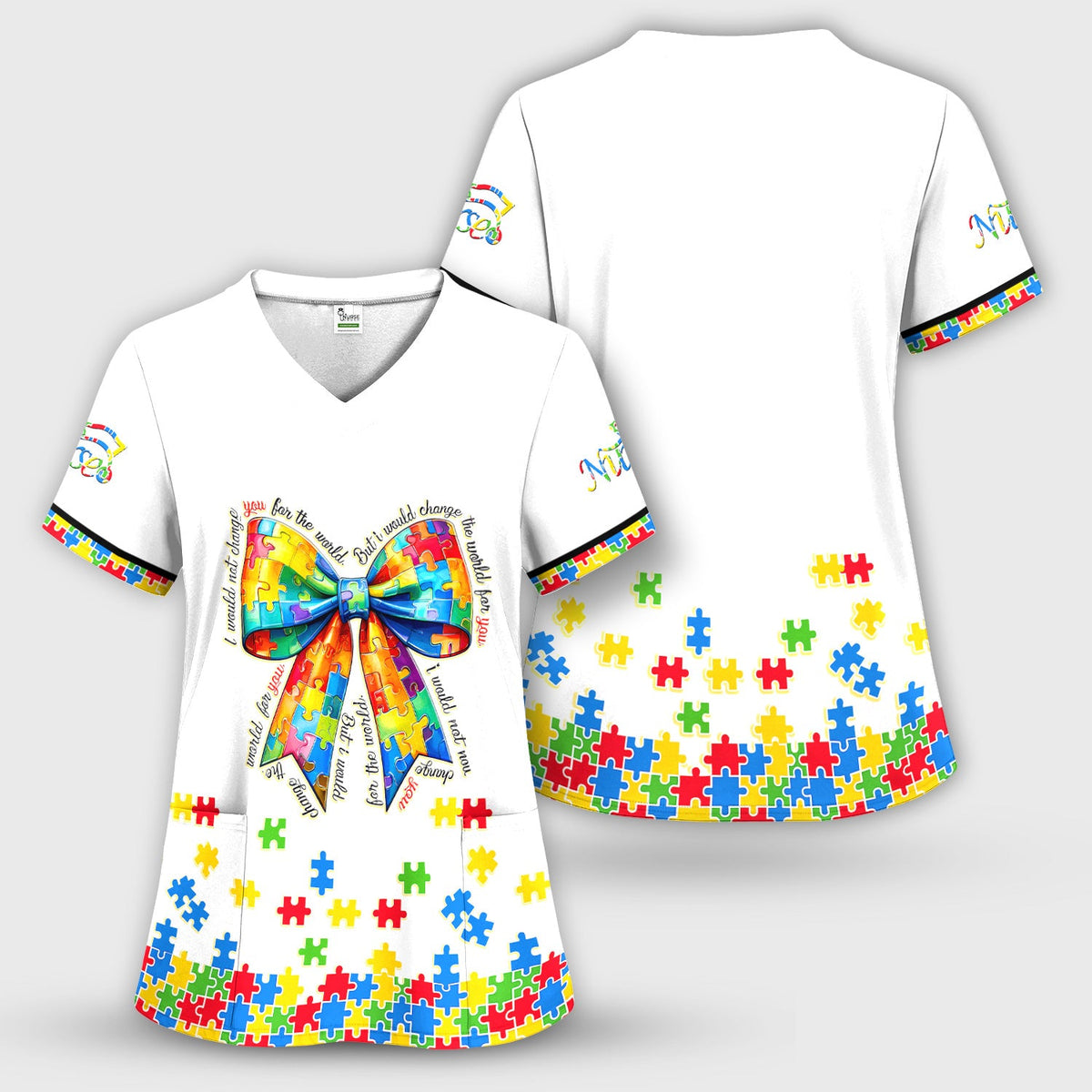 Autism Puzzle Bow Colorful Pieces Nurse Scrub Top