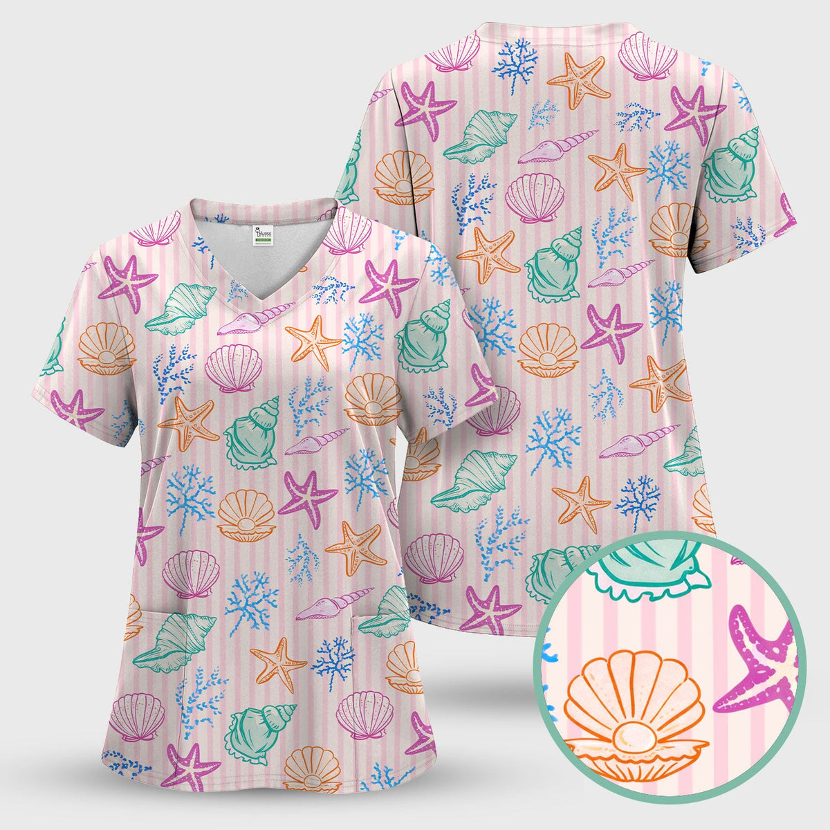 Colorful Seashell Starfish Ocean Stripe Nurse Scrub Set