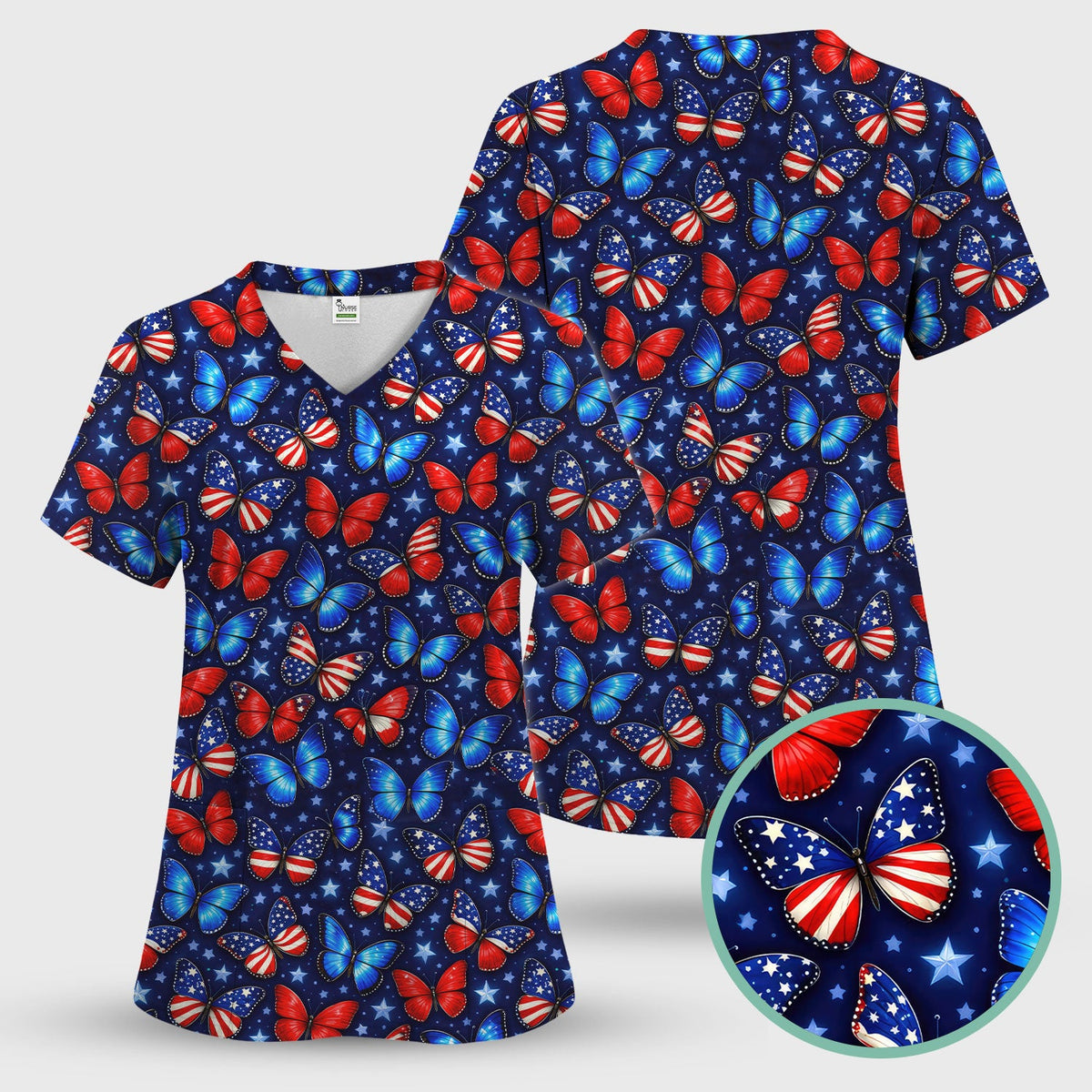 Patriotic Butterfly Stars Pattern Scrubs Top, Comfortable Scrubs for Nurses