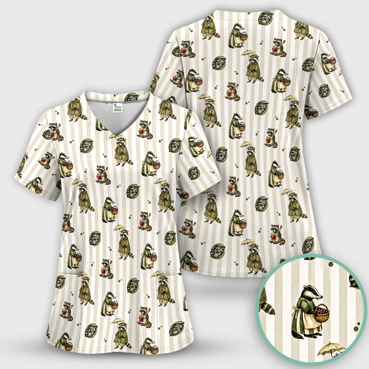 Woodland Raccoon Print Nurse Scrub Top