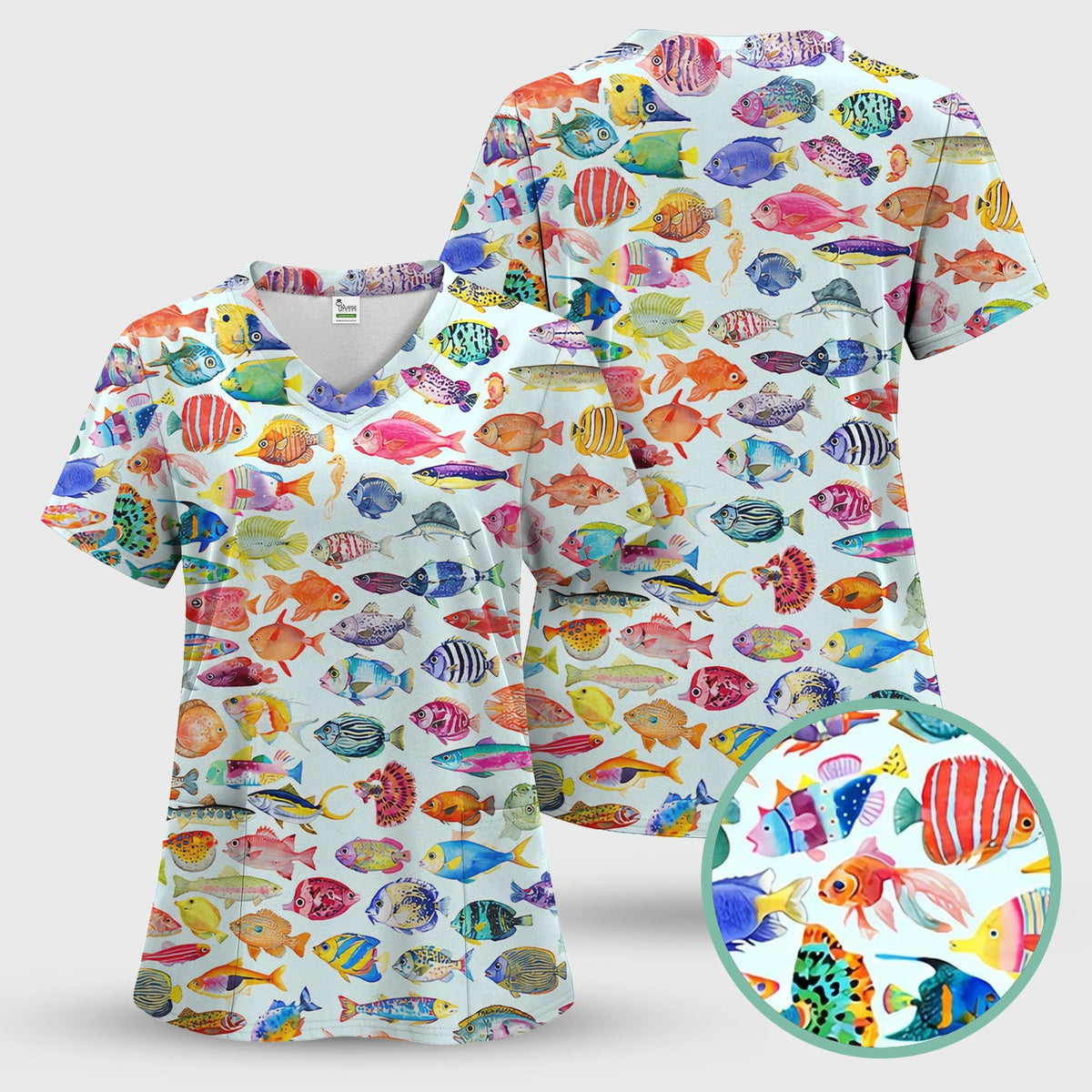 Colorful Tropical Fish Print Scrub Top, Comfortable Scrubs for Nurses