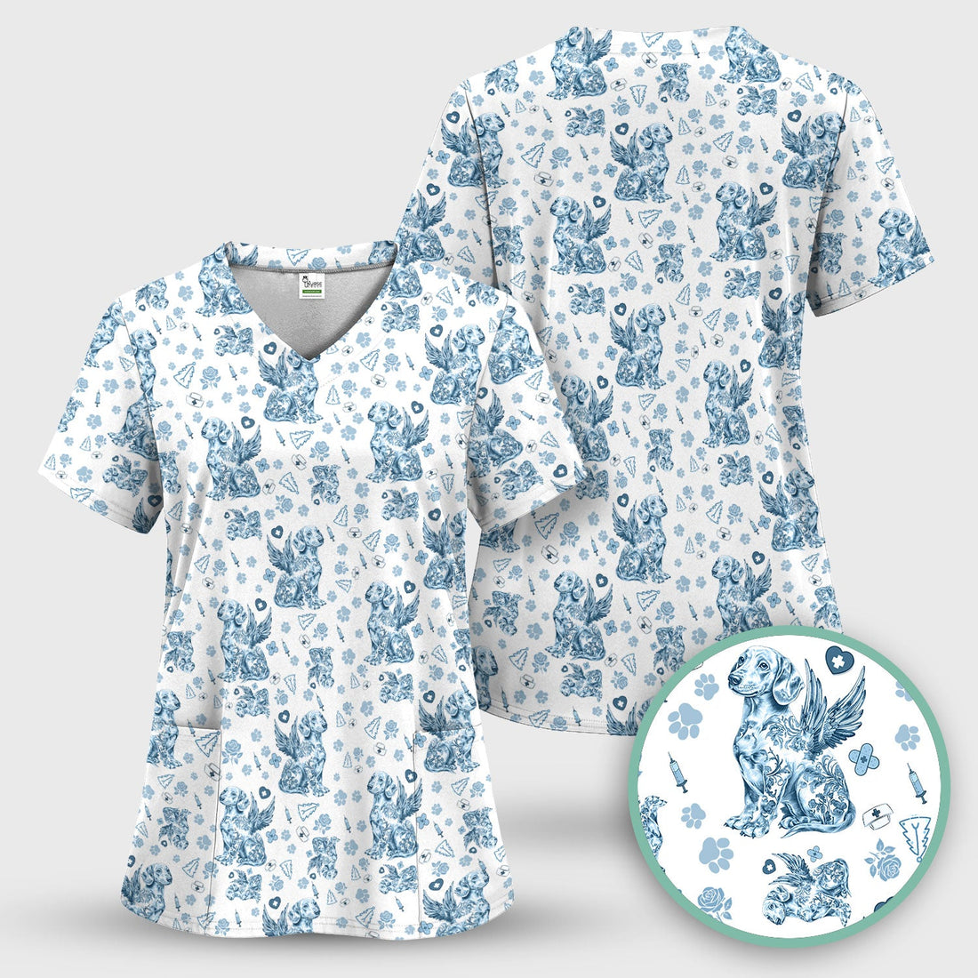 Toile De Jouy Dachshund Angel Scrub Top - Christmas Gift For Nurse