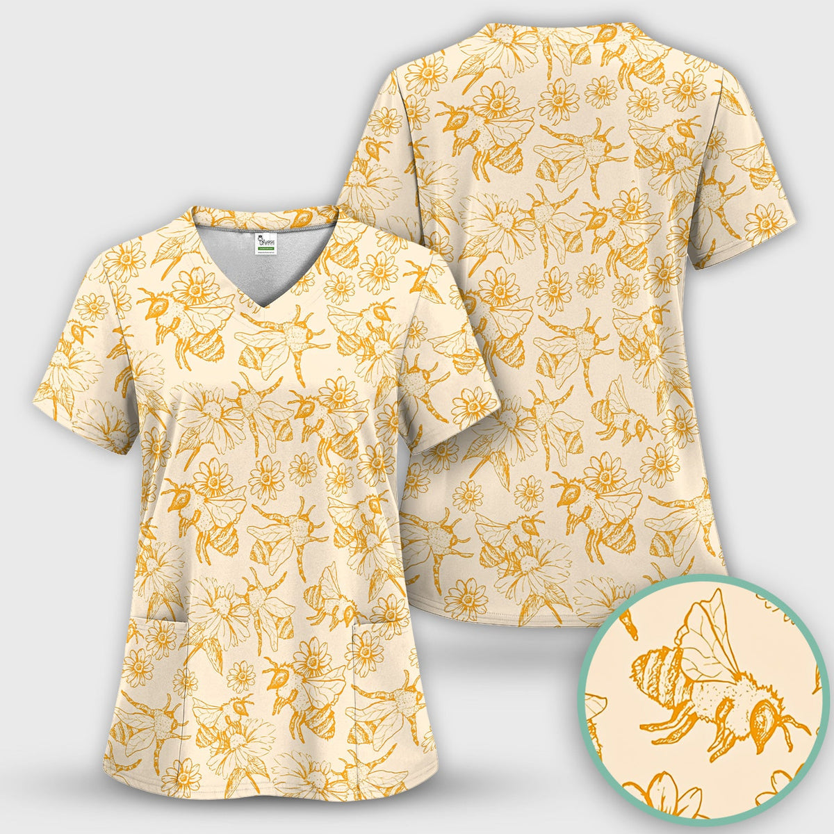 Honey Bee Flower Sketch Nurse Scrub Top